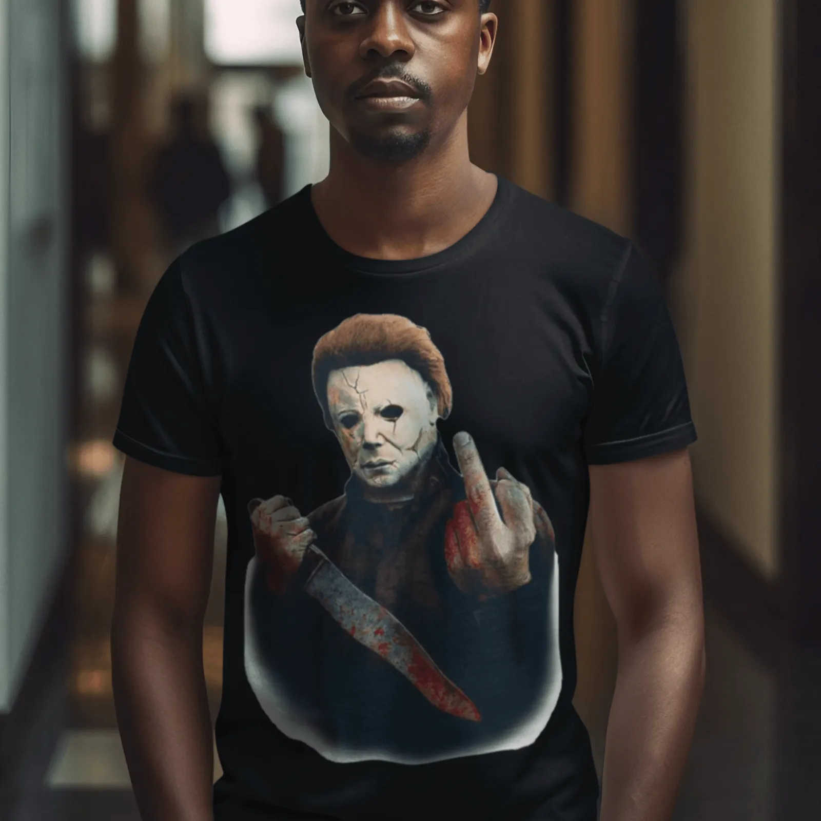Horror Film T-shirt Mike Myers Giving The Bird Short Sleeve Unisex Crew Neck Top