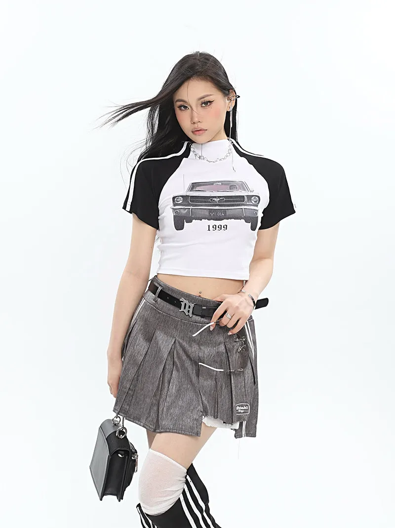 Isabelle Shiny Pleated High Waist Preppy Pleated Patchwork Mini Skirt