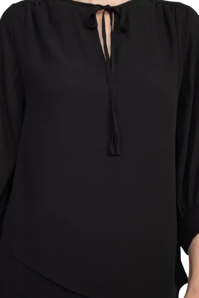 Joan Vass NY Crew Neck Tie Neck 3-4 Shirred Sleeve Front Panel Double Layer Crepe Top