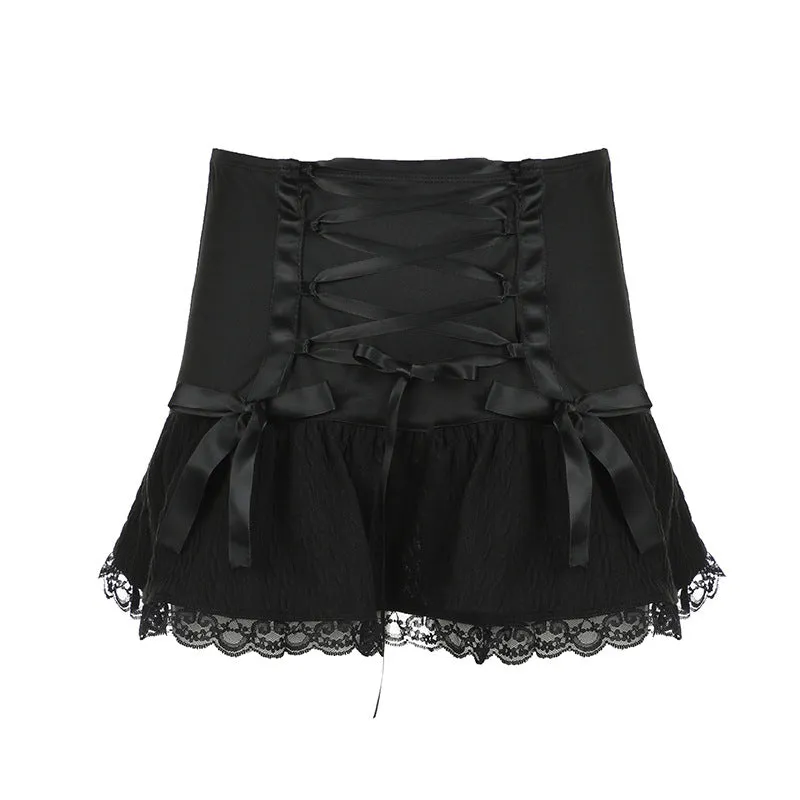 Lace A-line Bow Tie Low Wais Mini Skir