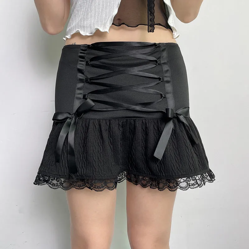 Lace A-line Bow Tie Low Wais Mini Skir