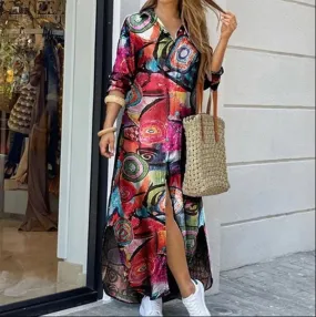 Long Sleeve Shirt Dress Printed OL Long Dress 3XL B-93849