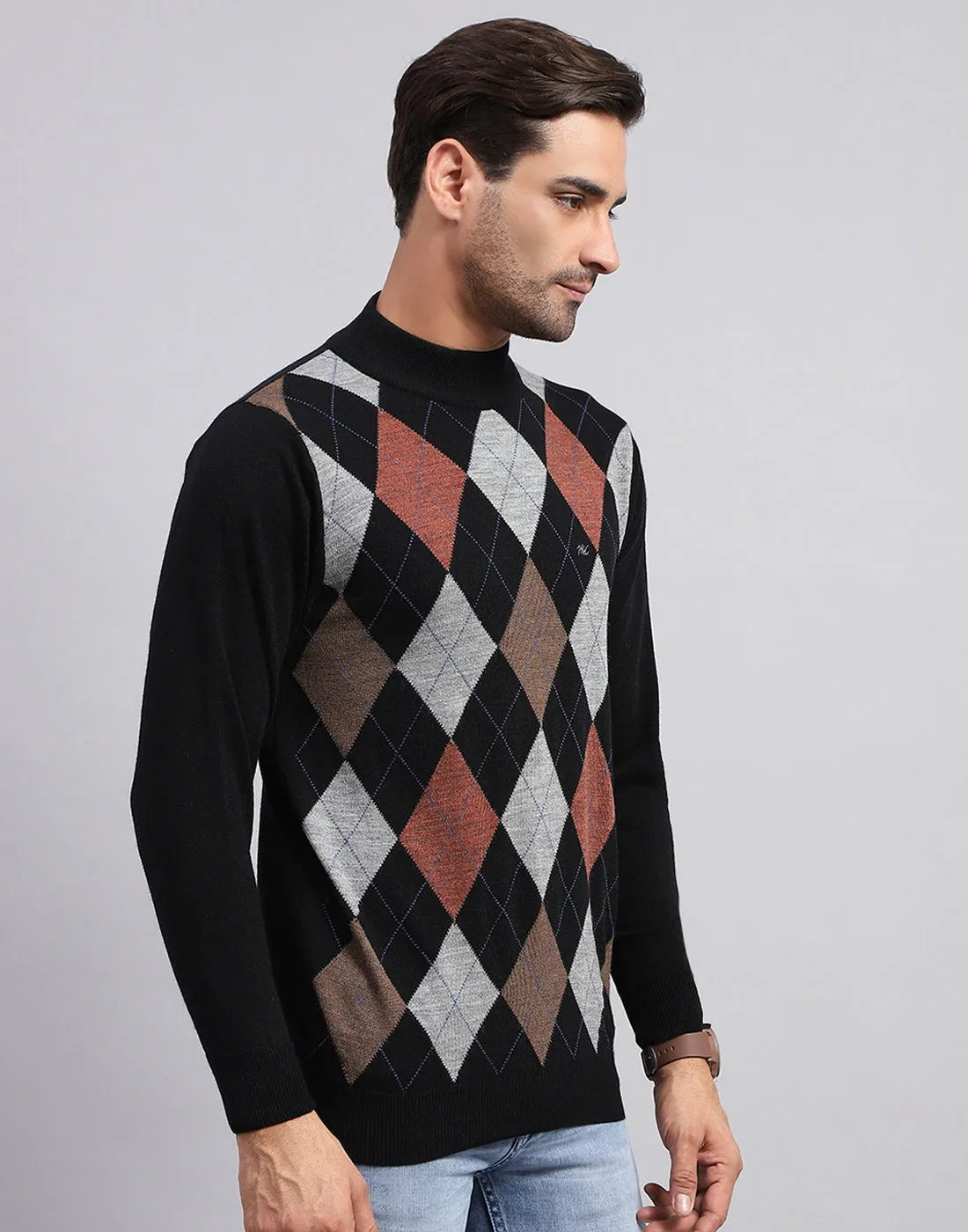 Men Black Self Design Turtle Neck Full Sleeve Pullover