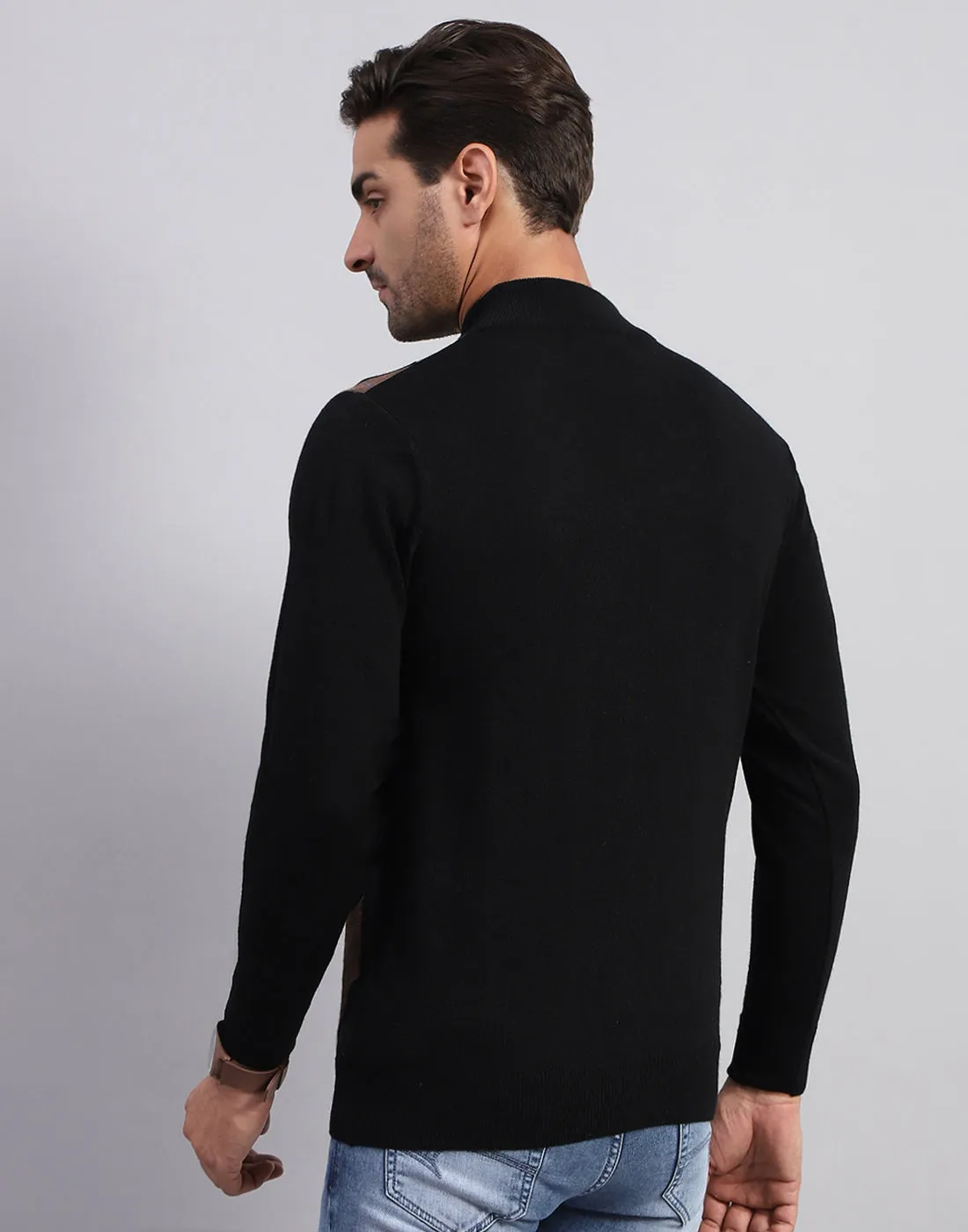 Men Black Self Design Turtle Neck Full Sleeve Pullover