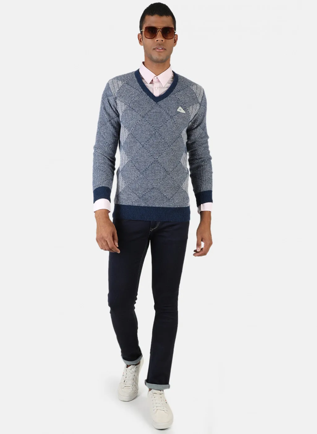 Men Blue & Grey Solid Pullover