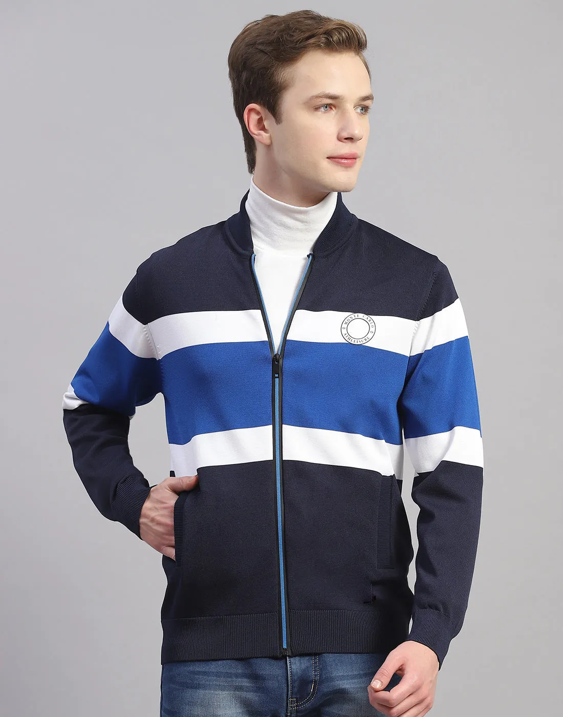 Men Navy Blue Stripe Mandarin Collar Full Sleeve Pullover