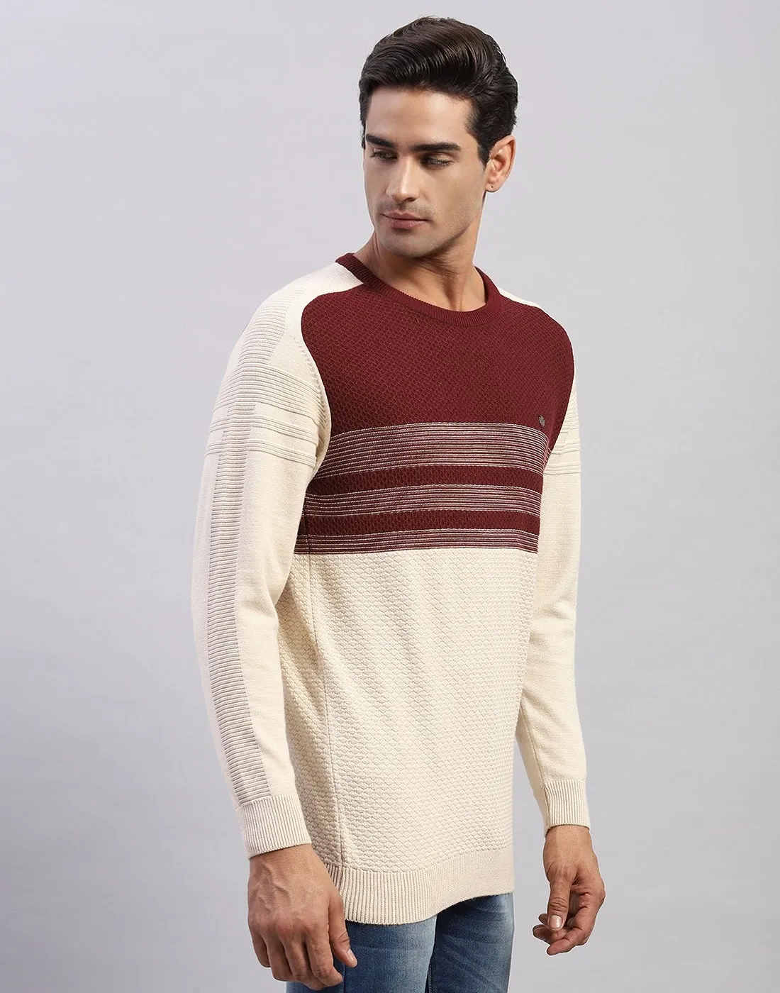 Men Off White Self Design Round Neck Full Sleeve Pullover