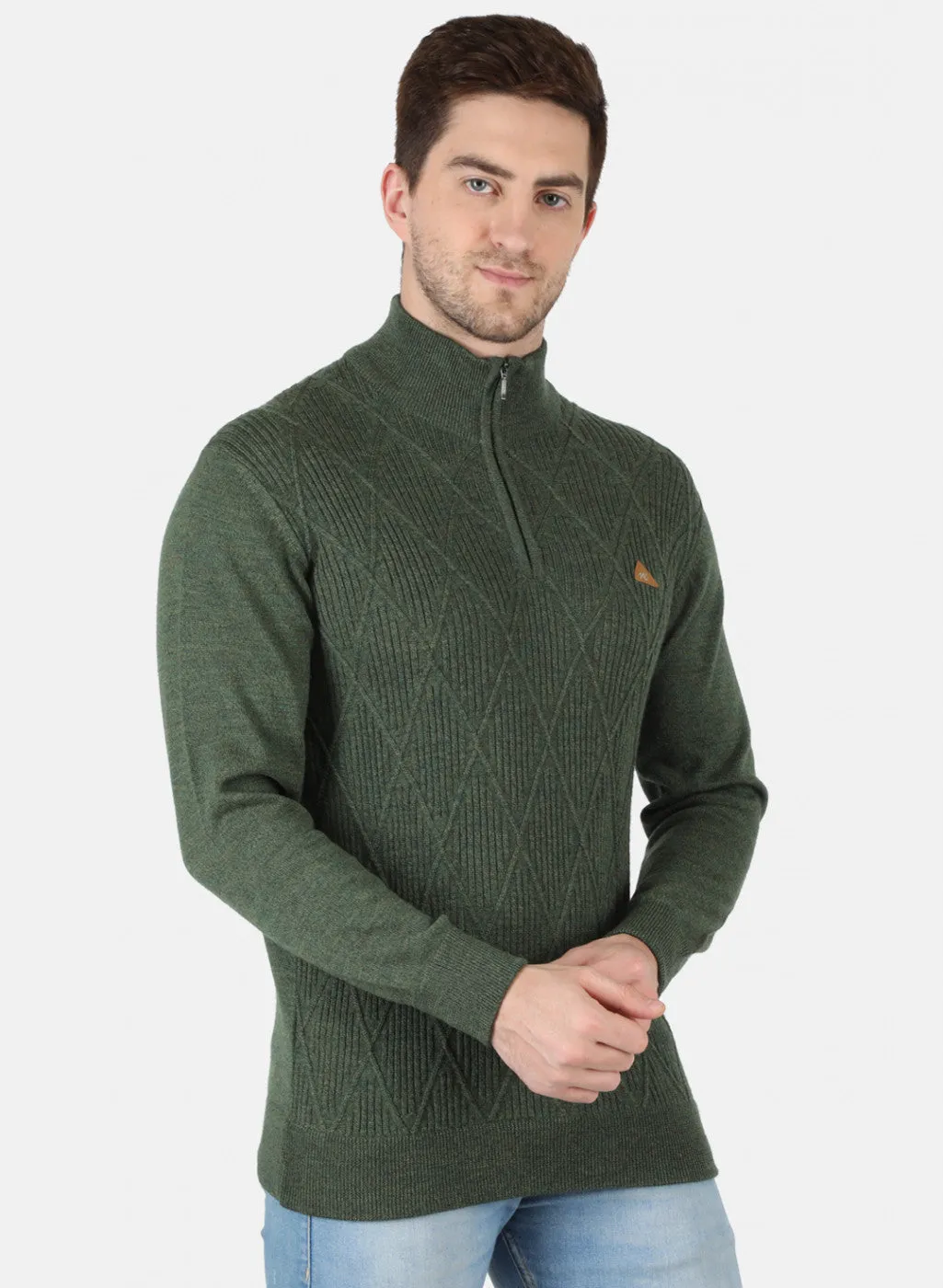 Men Olive Self Design Pullover