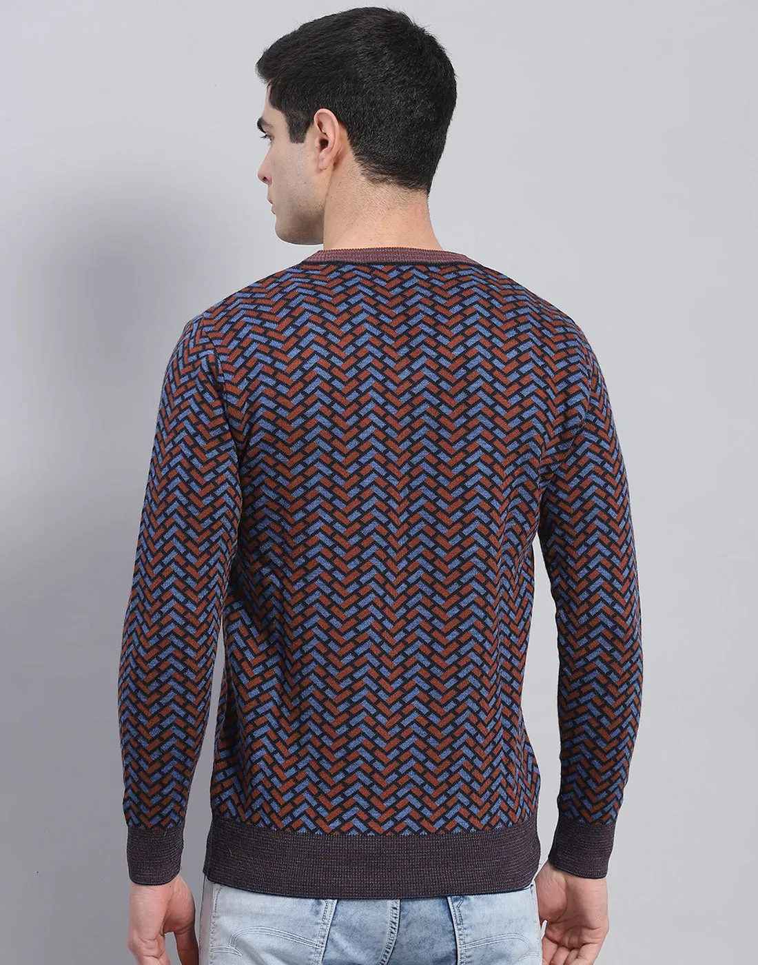 Men Purple Self Design V Neck Full Sleeve Pullover