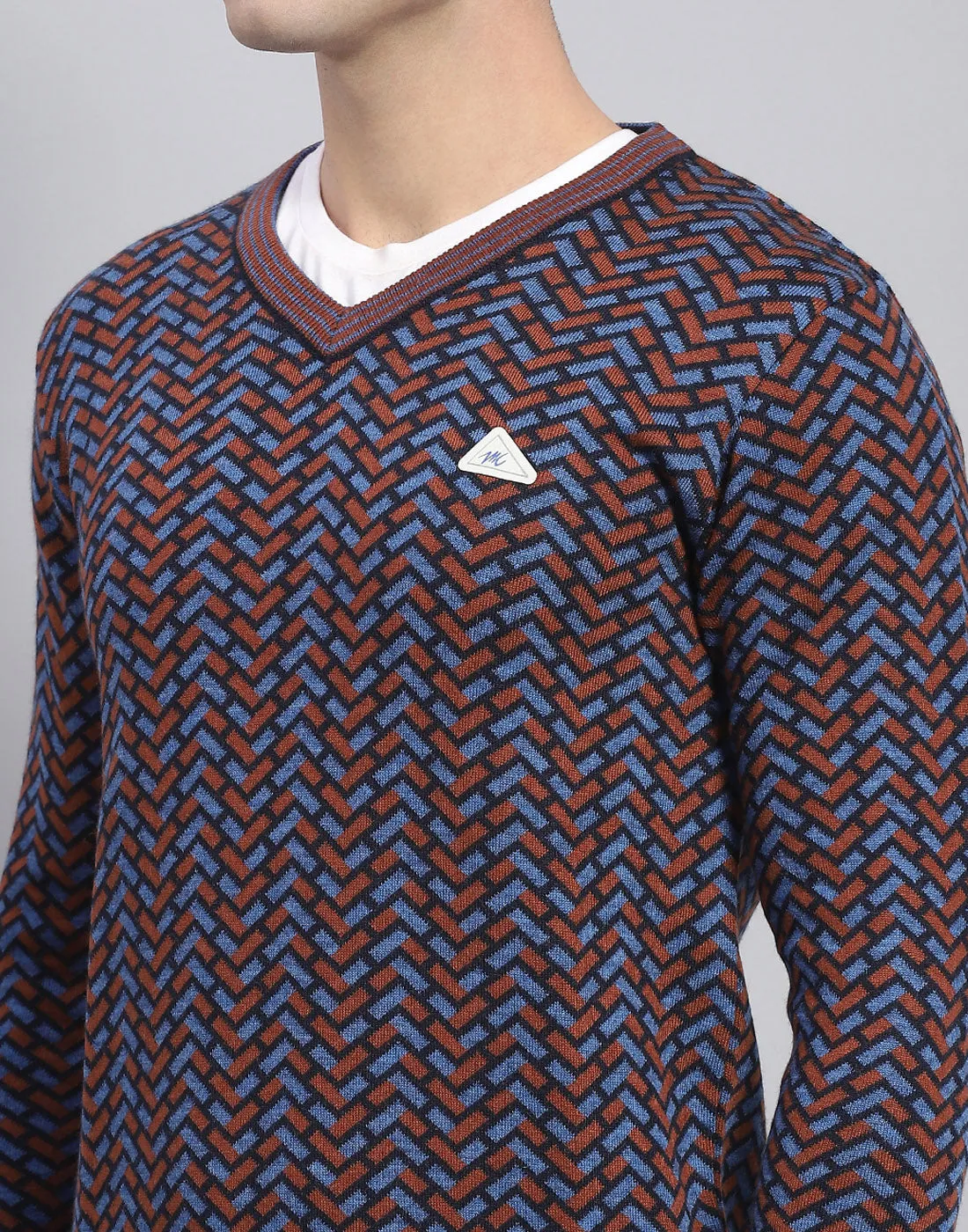 Men Purple Self Design V Neck Full Sleeve Pullover