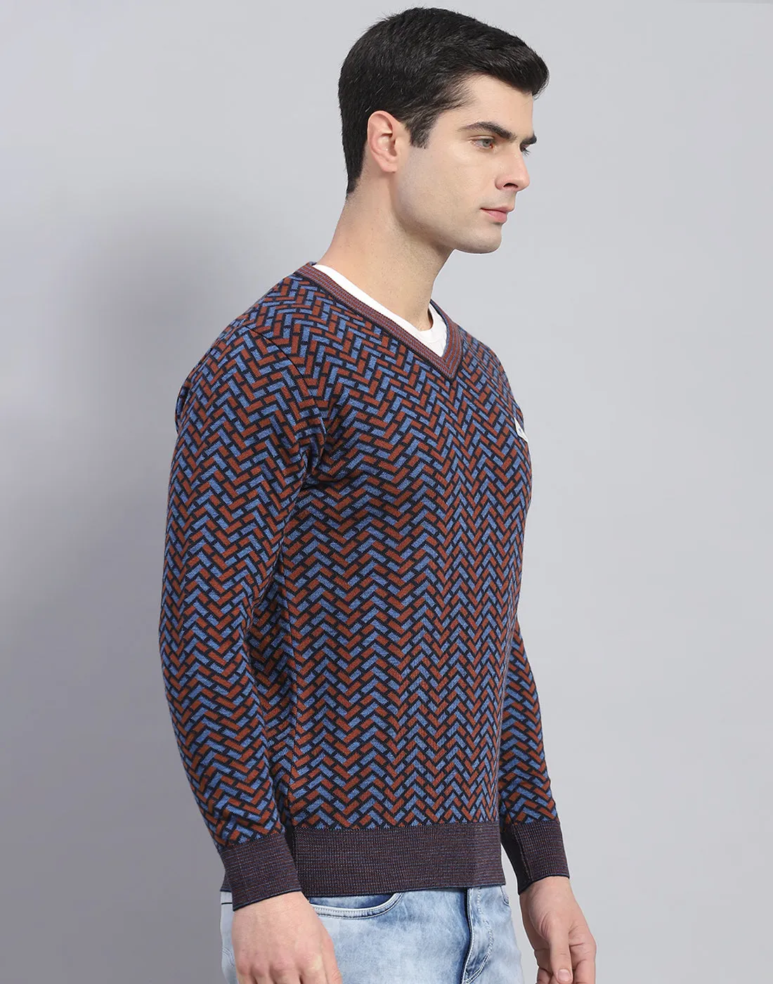 Men Purple Self Design V Neck Full Sleeve Pullover