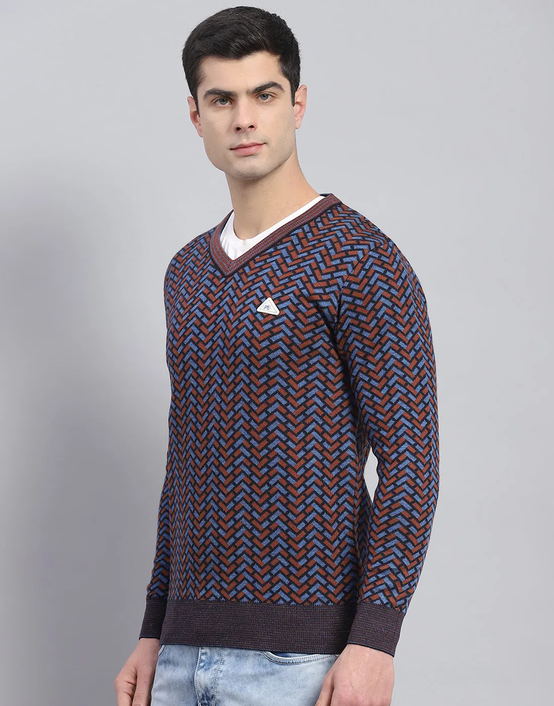 Men Purple Self Design V Neck Full Sleeve Pullover