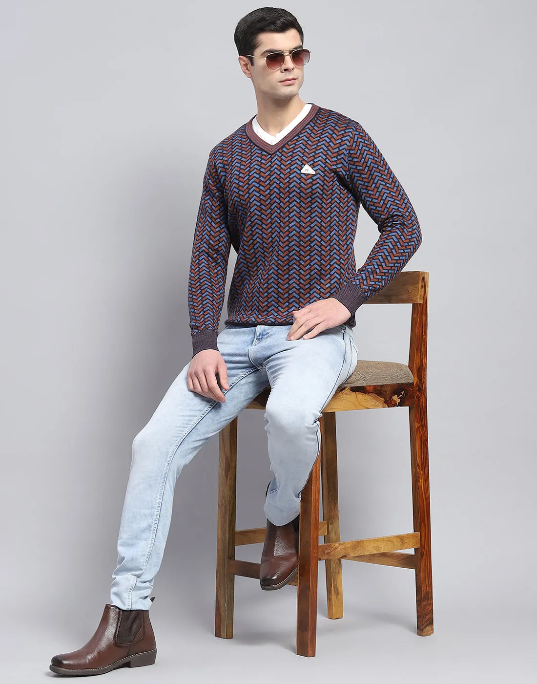 Men Purple Self Design V Neck Full Sleeve Pullover