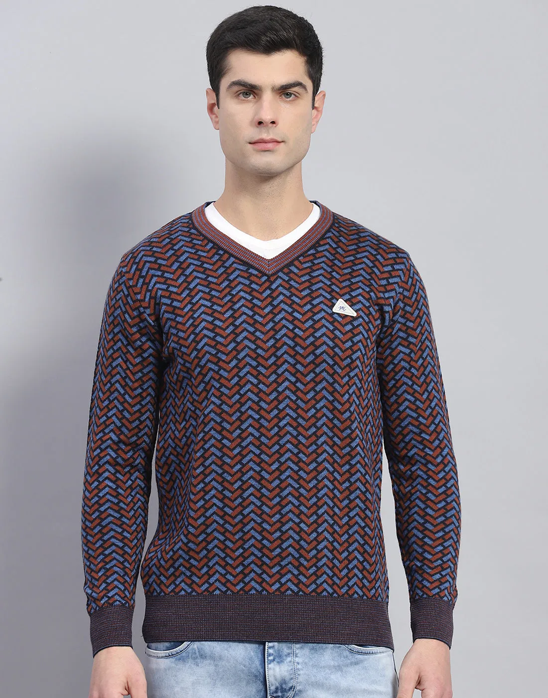 Men Purple Self Design V Neck Full Sleeve Pullover