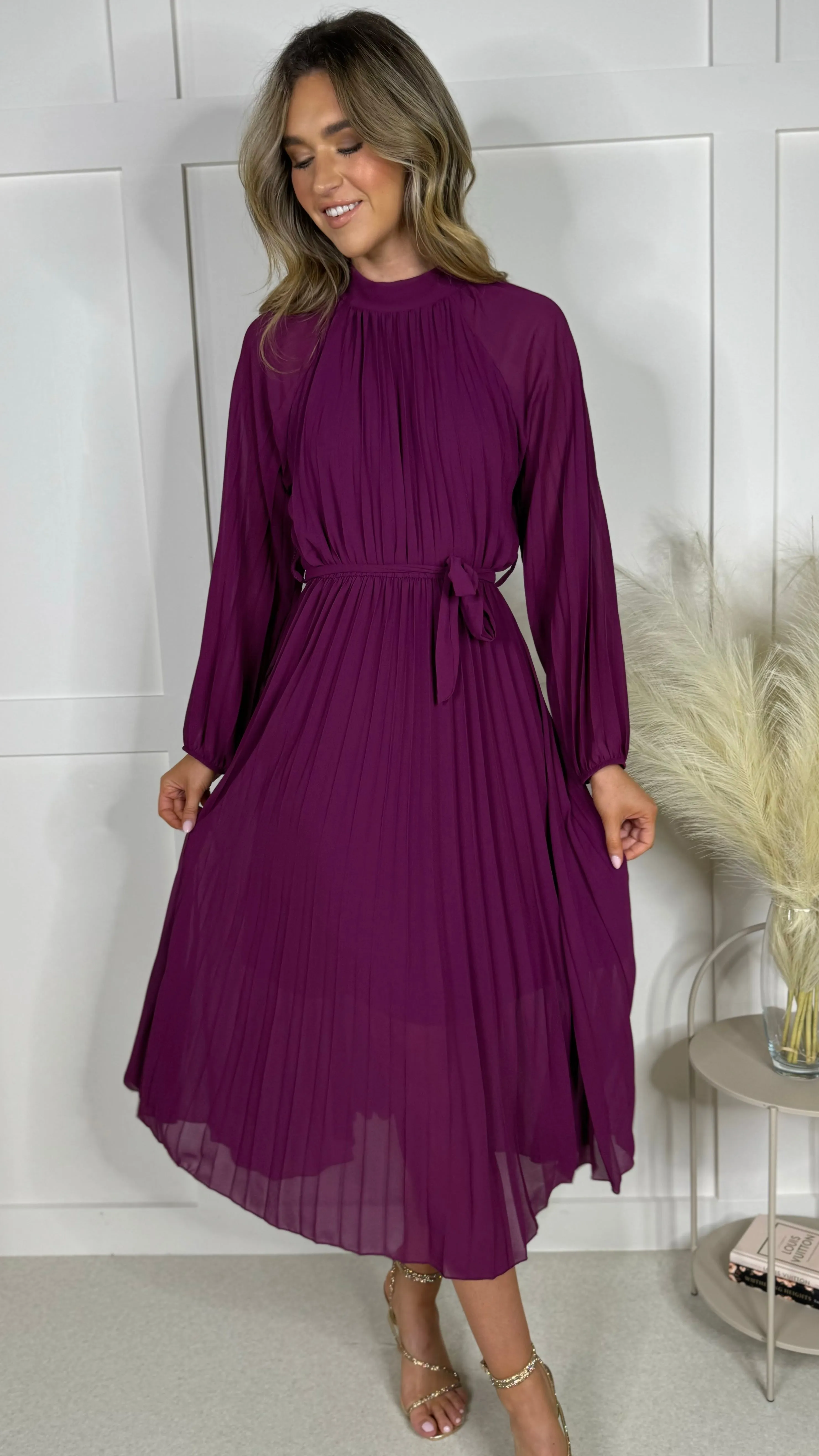 Minnie Purple High Neck Pleated Midi Dress