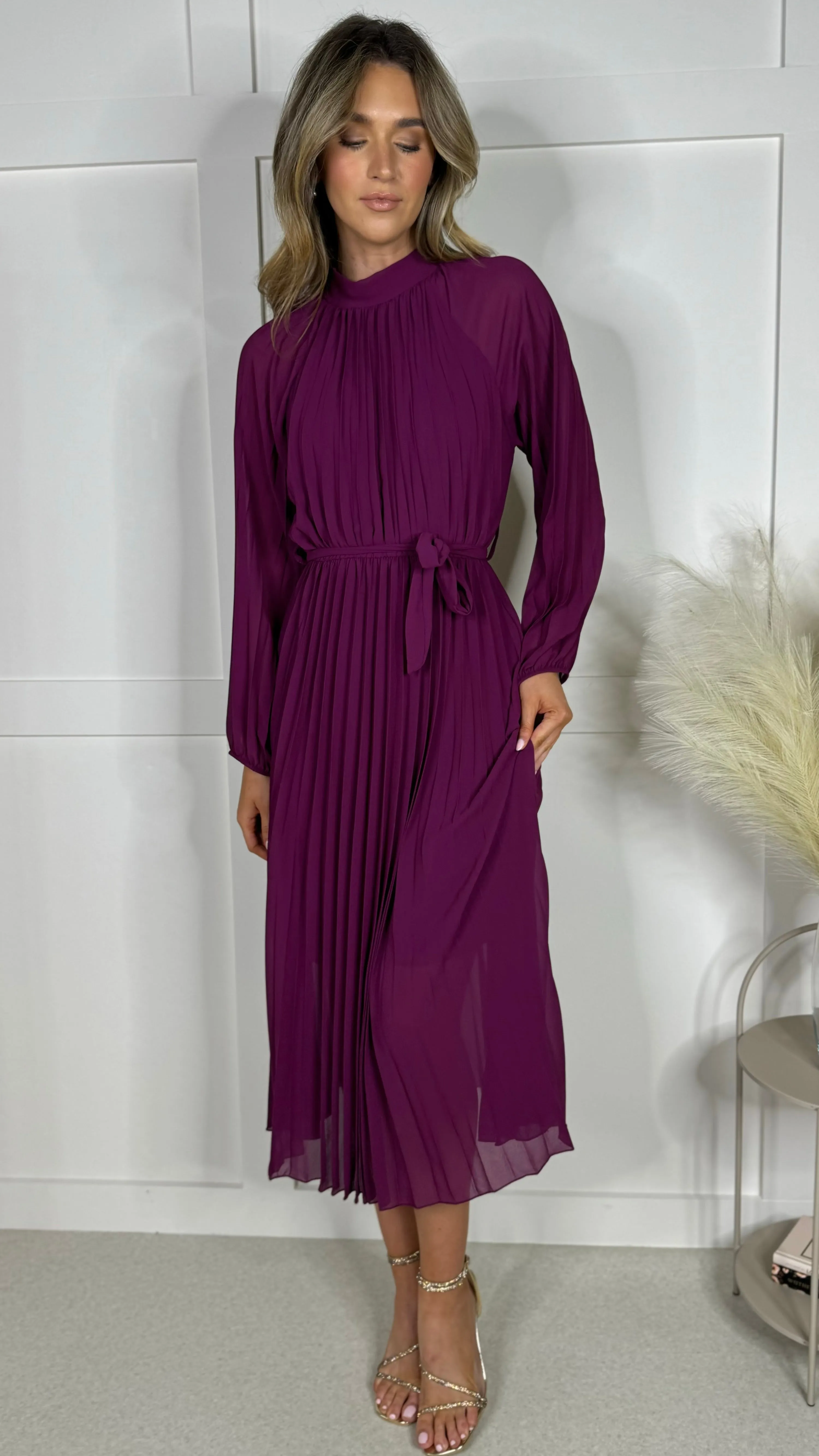 Minnie Purple High Neck Pleated Midi Dress