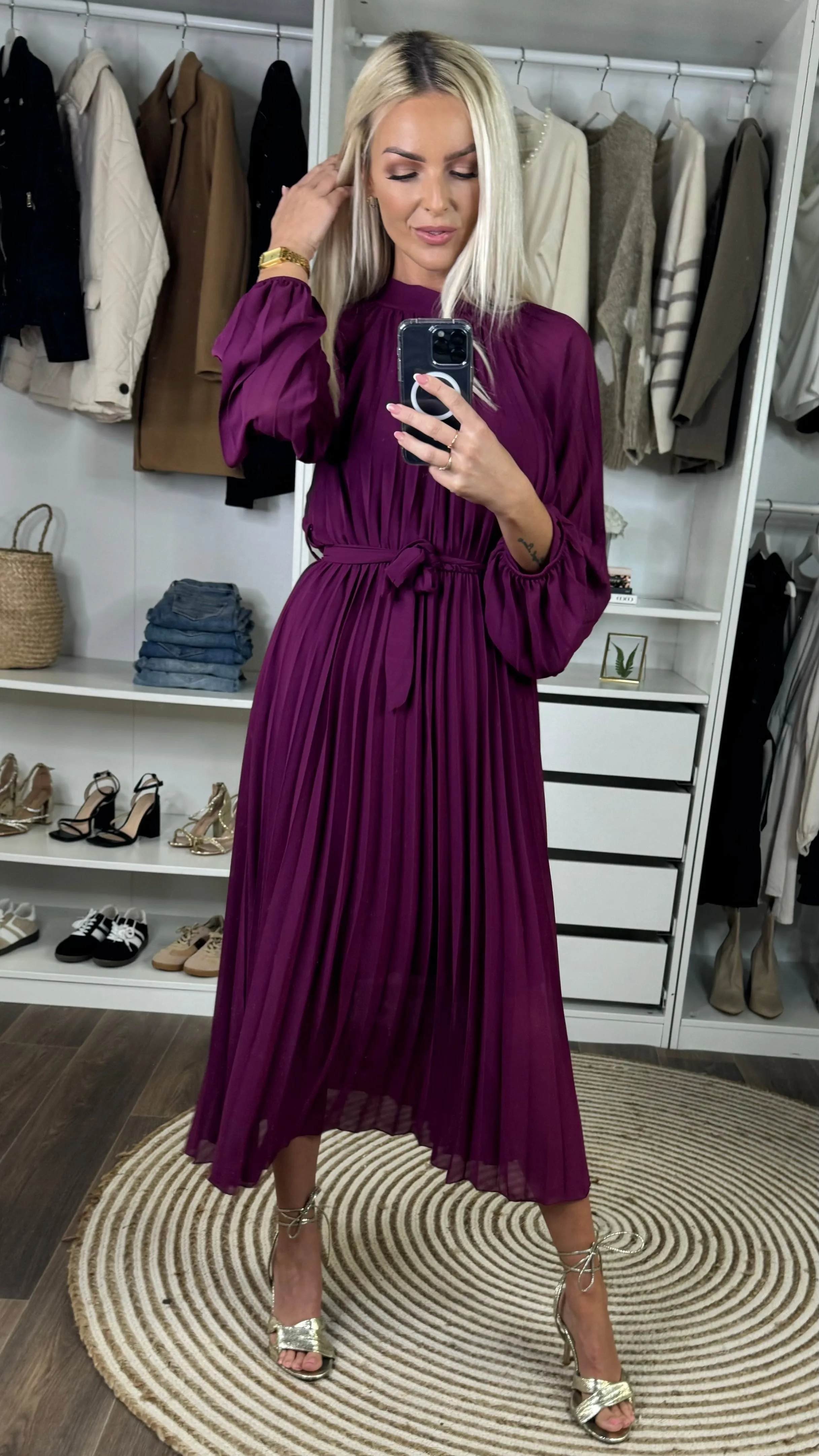 Minnie Purple High Neck Pleated Midi Dress