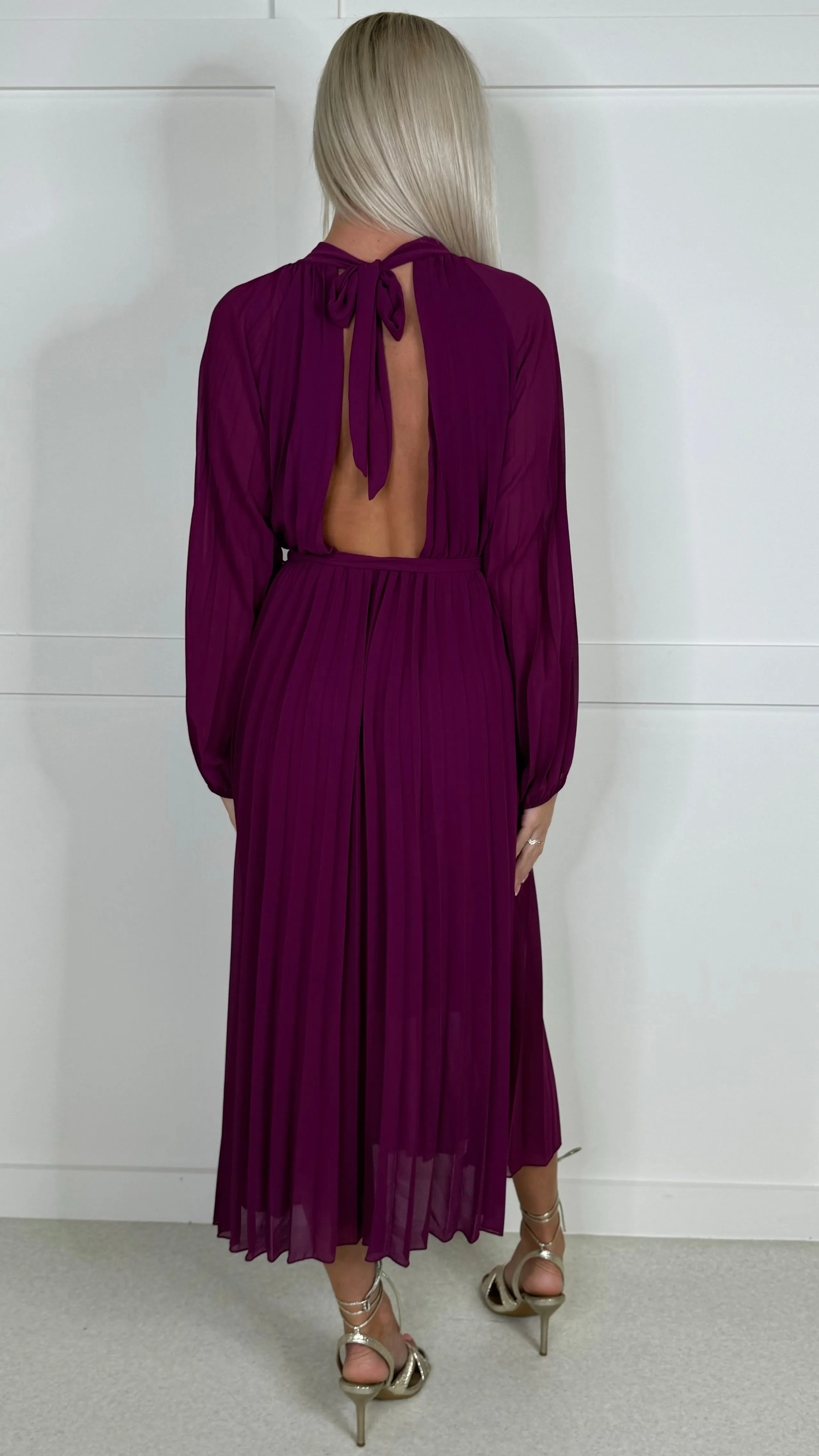 Minnie Purple High Neck Pleated Midi Dress