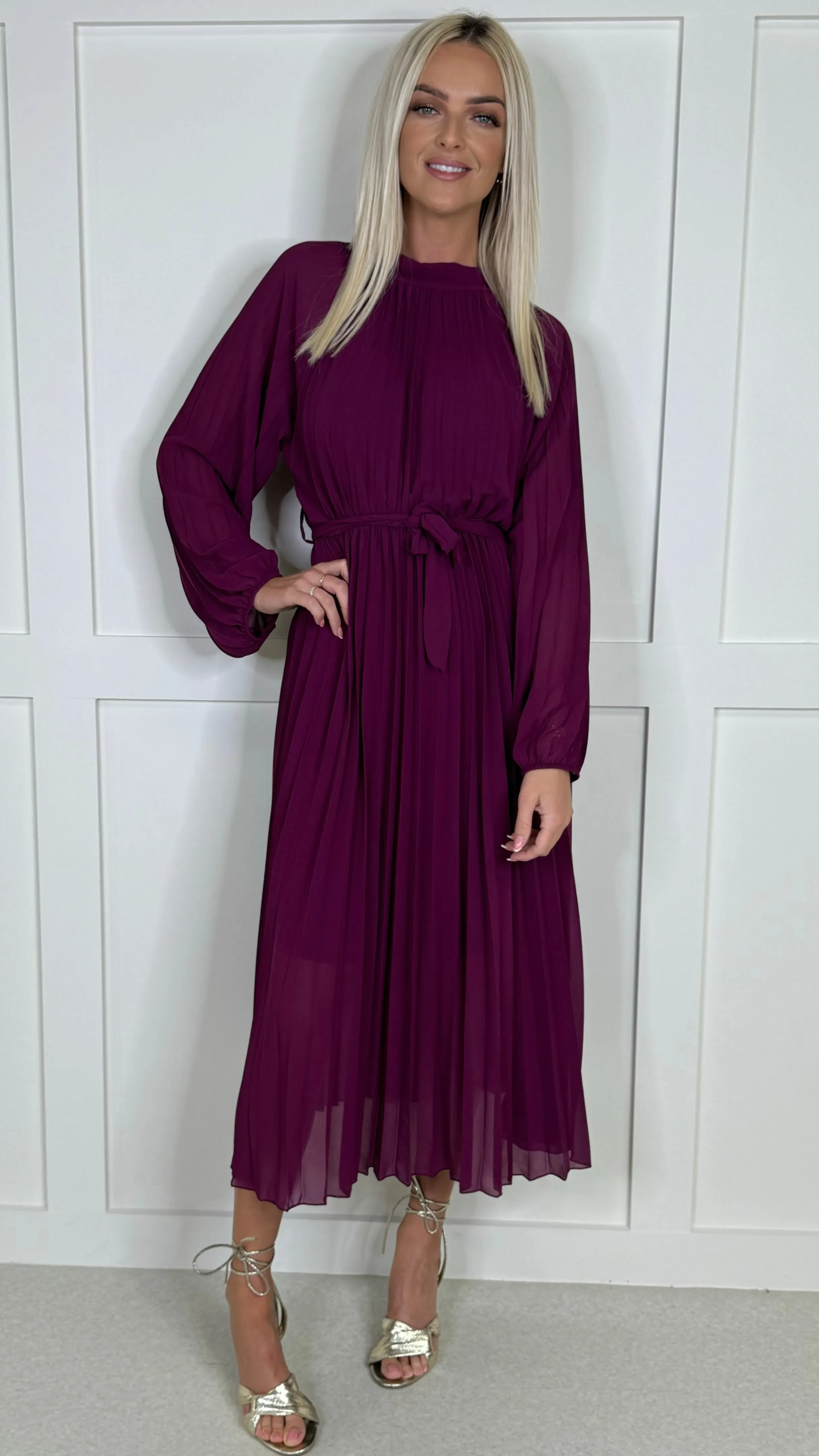 Minnie Purple High Neck Pleated Midi Dress