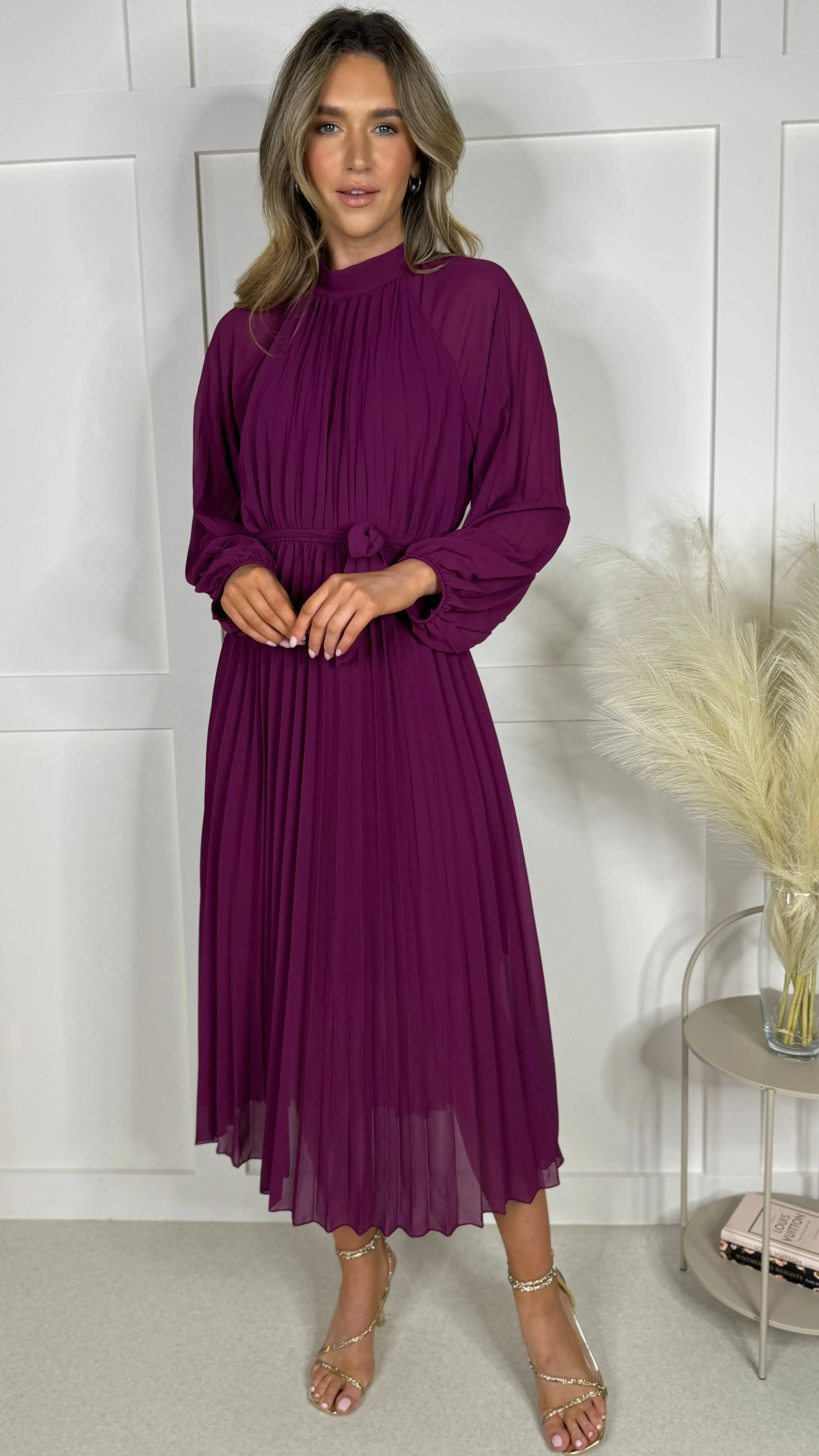 Minnie Purple High Neck Pleated Midi Dress