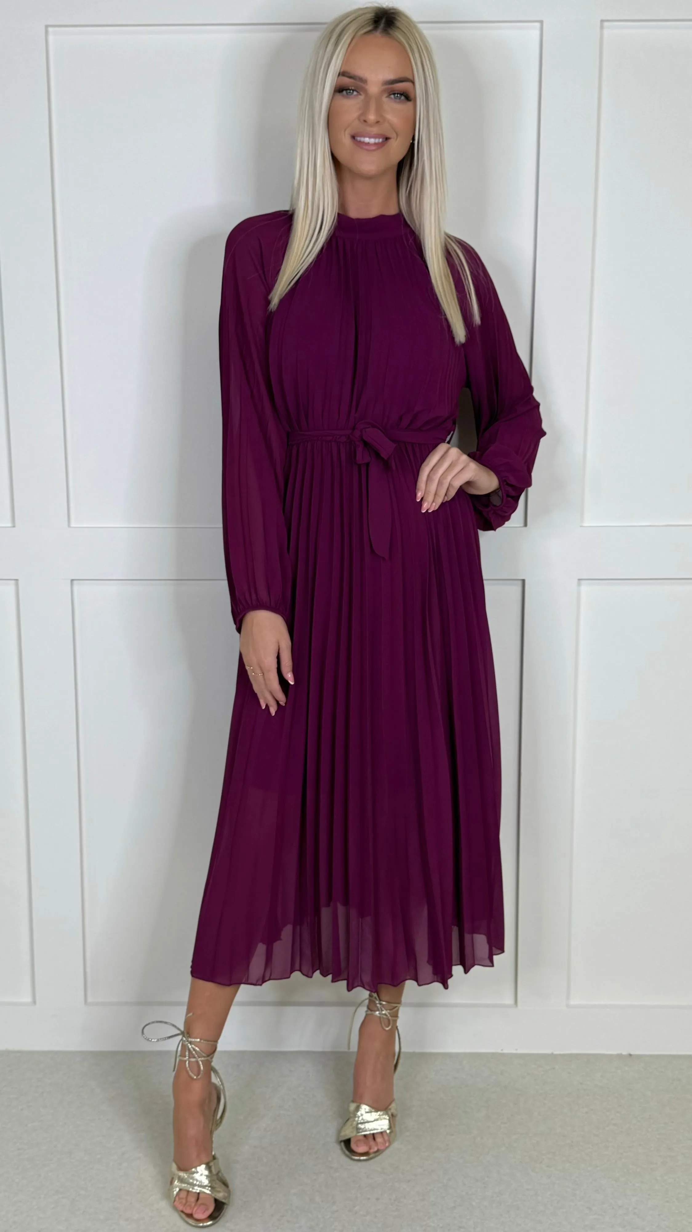 Minnie Purple High Neck Pleated Midi Dress