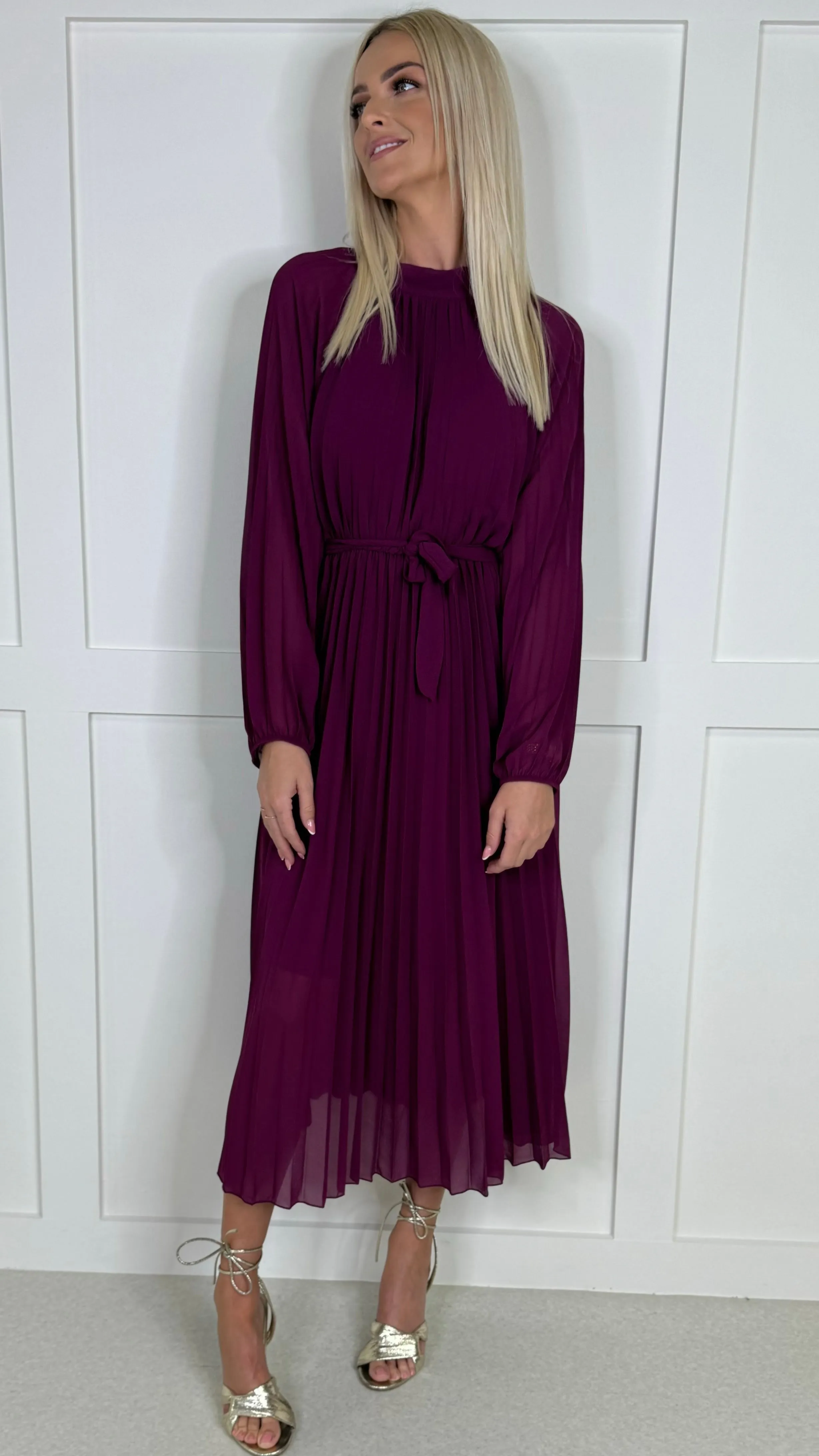 Minnie Purple High Neck Pleated Midi Dress