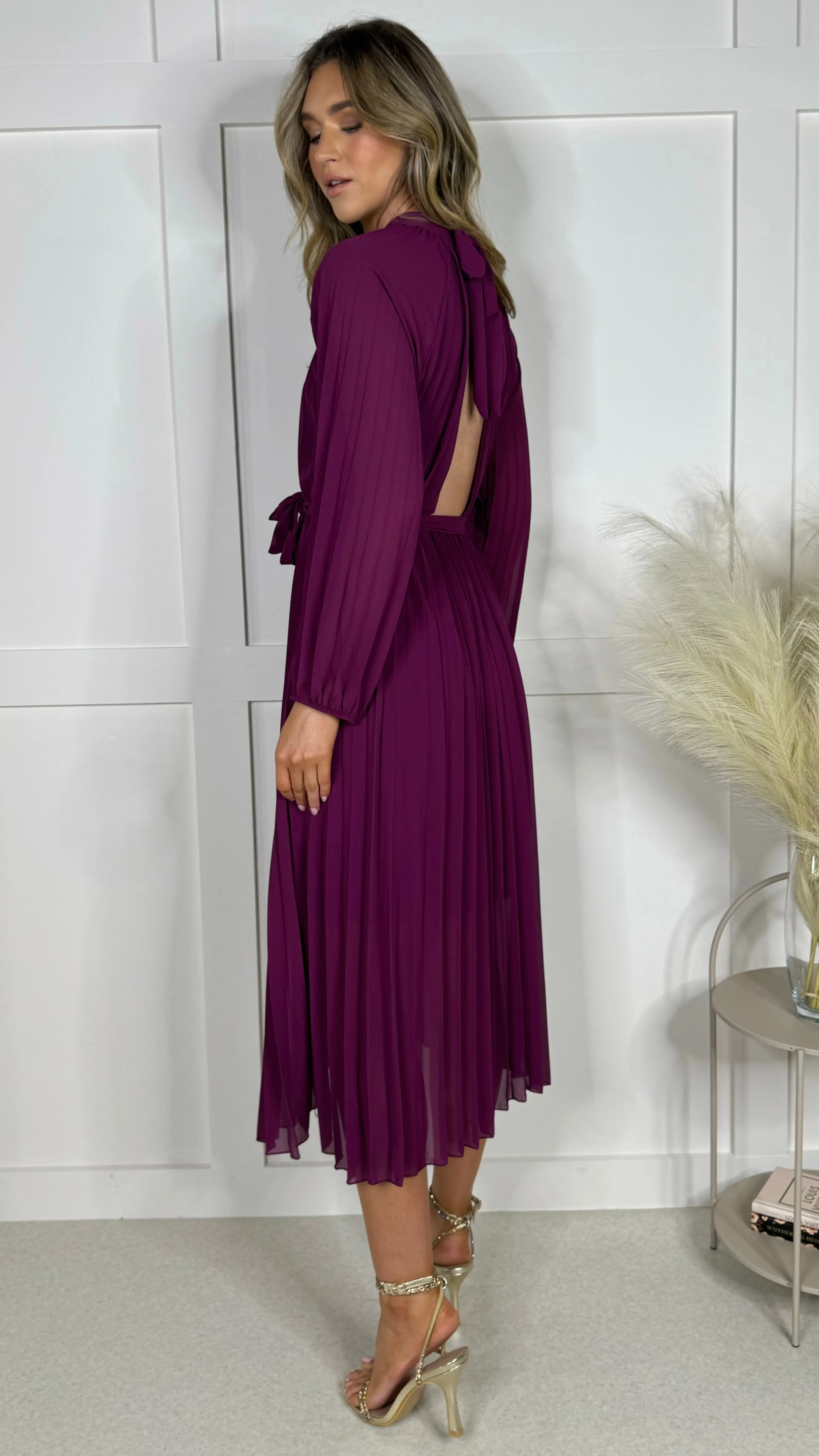 Minnie Purple High Neck Pleated Midi Dress
