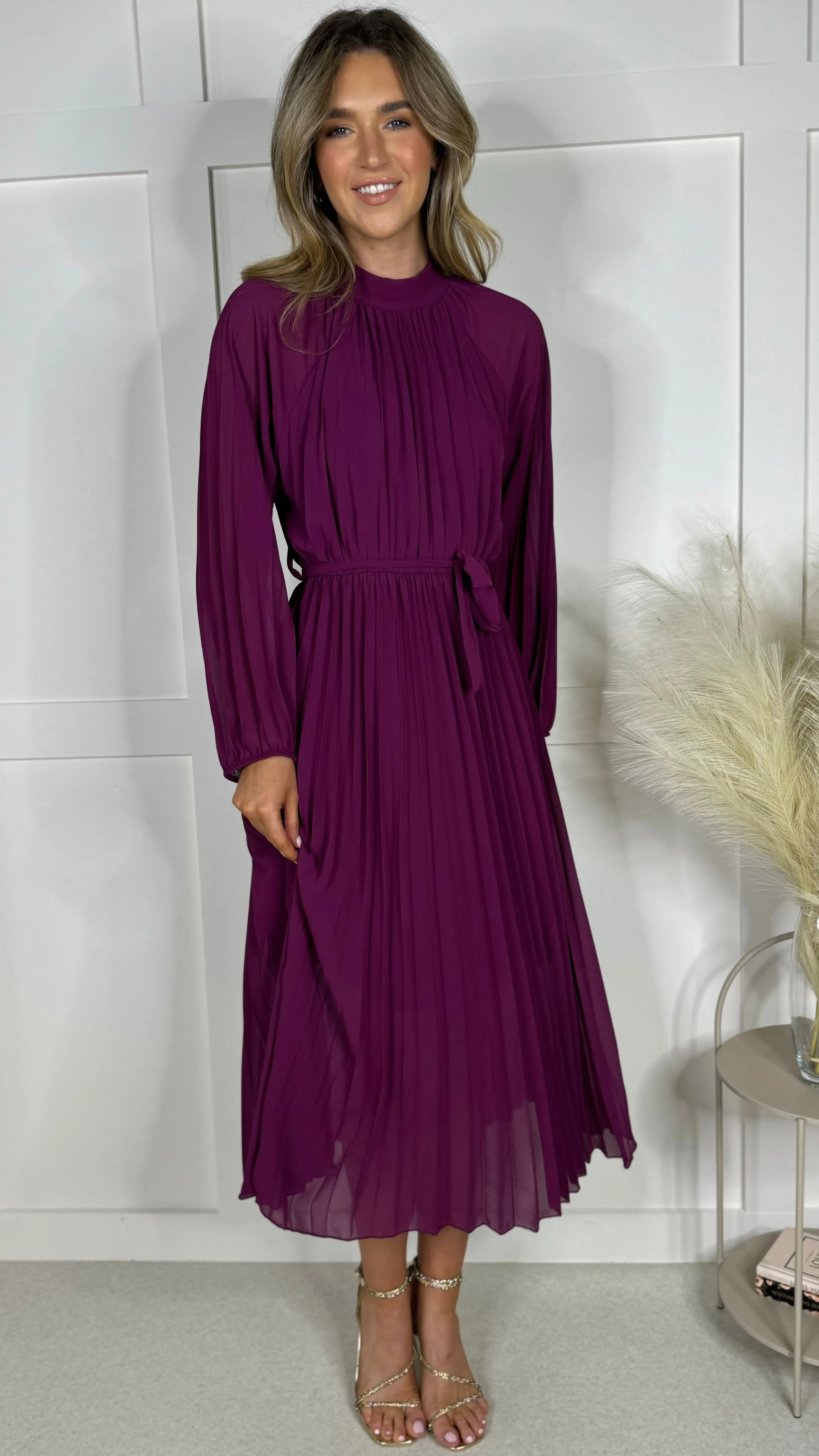 Minnie Purple High Neck Pleated Midi Dress