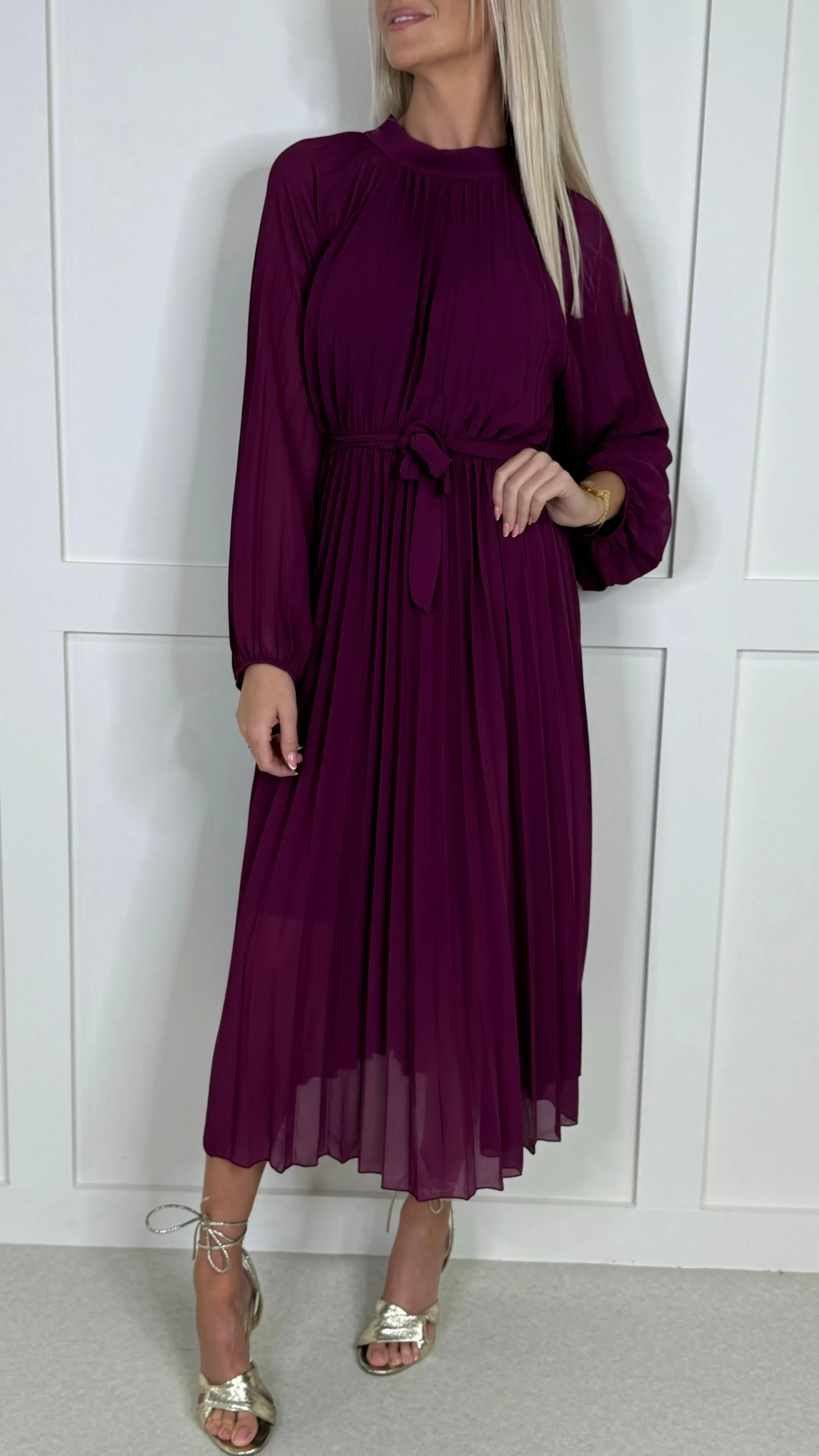 Minnie Purple High Neck Pleated Midi Dress