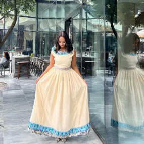 Modern Ethiopian Traditional Dress with Blue Design Elegant Habesha Dress