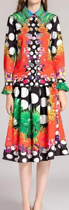 Multi Colored Printed Blouse and Skirt Set