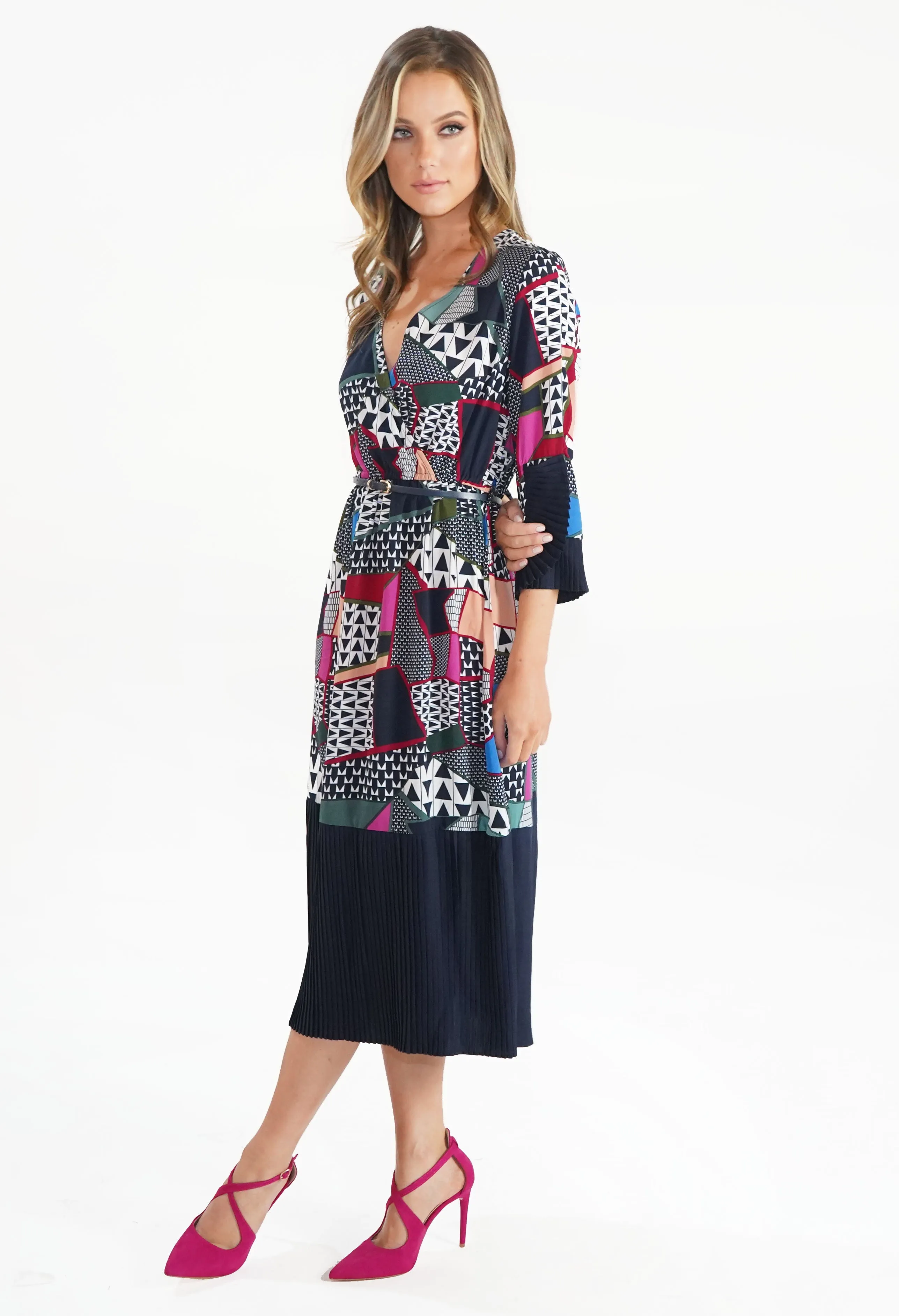 Multi Coloured Cross Over Patterned Dress with Pleated Detail
