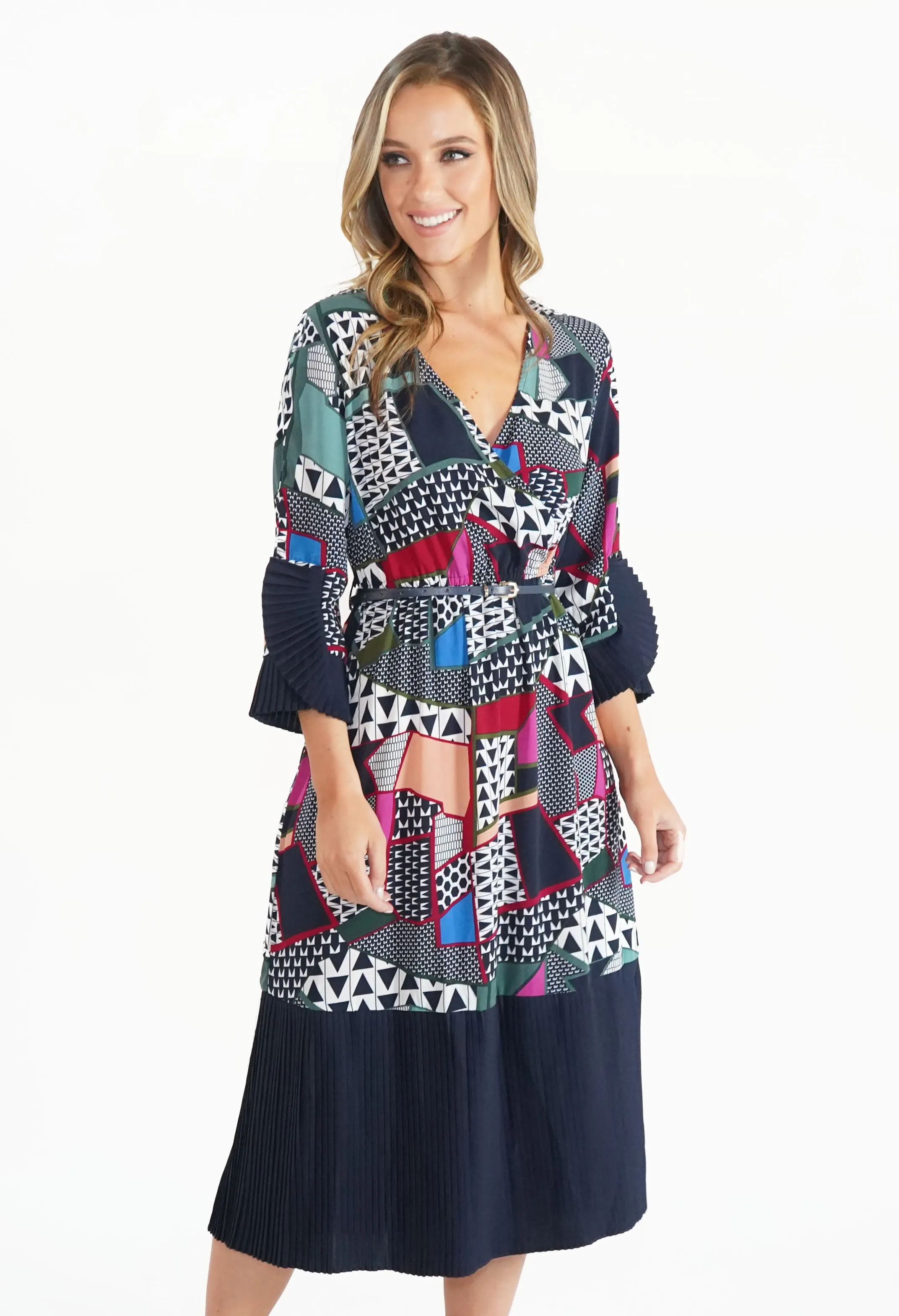 Multi Coloured Cross Over Patterned Dress with Pleated Detail