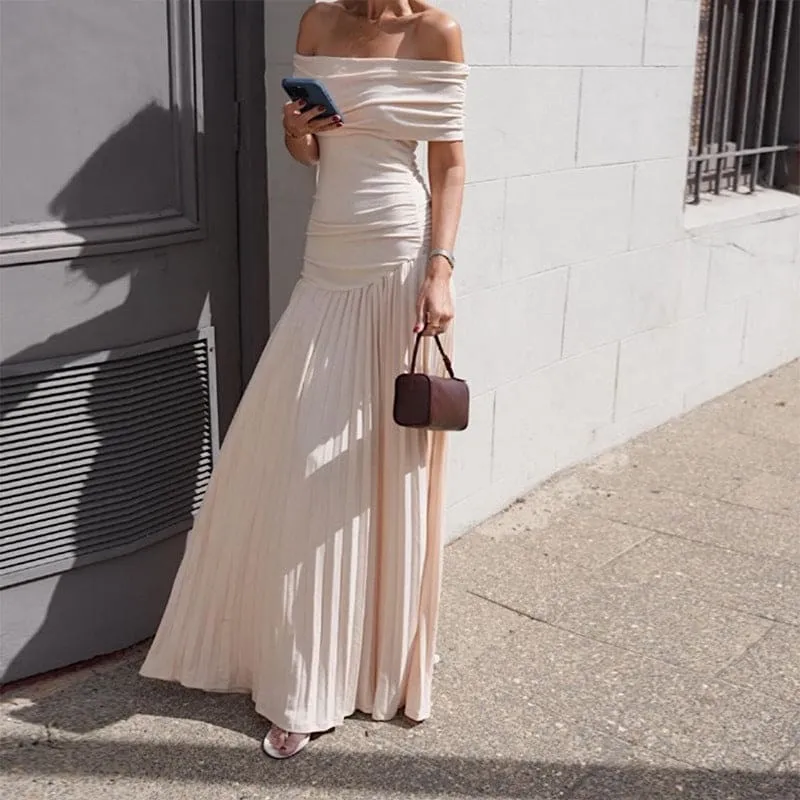 Off-the-shoulder Sexy Slim Fit Pleated Strapless Maxi Dress