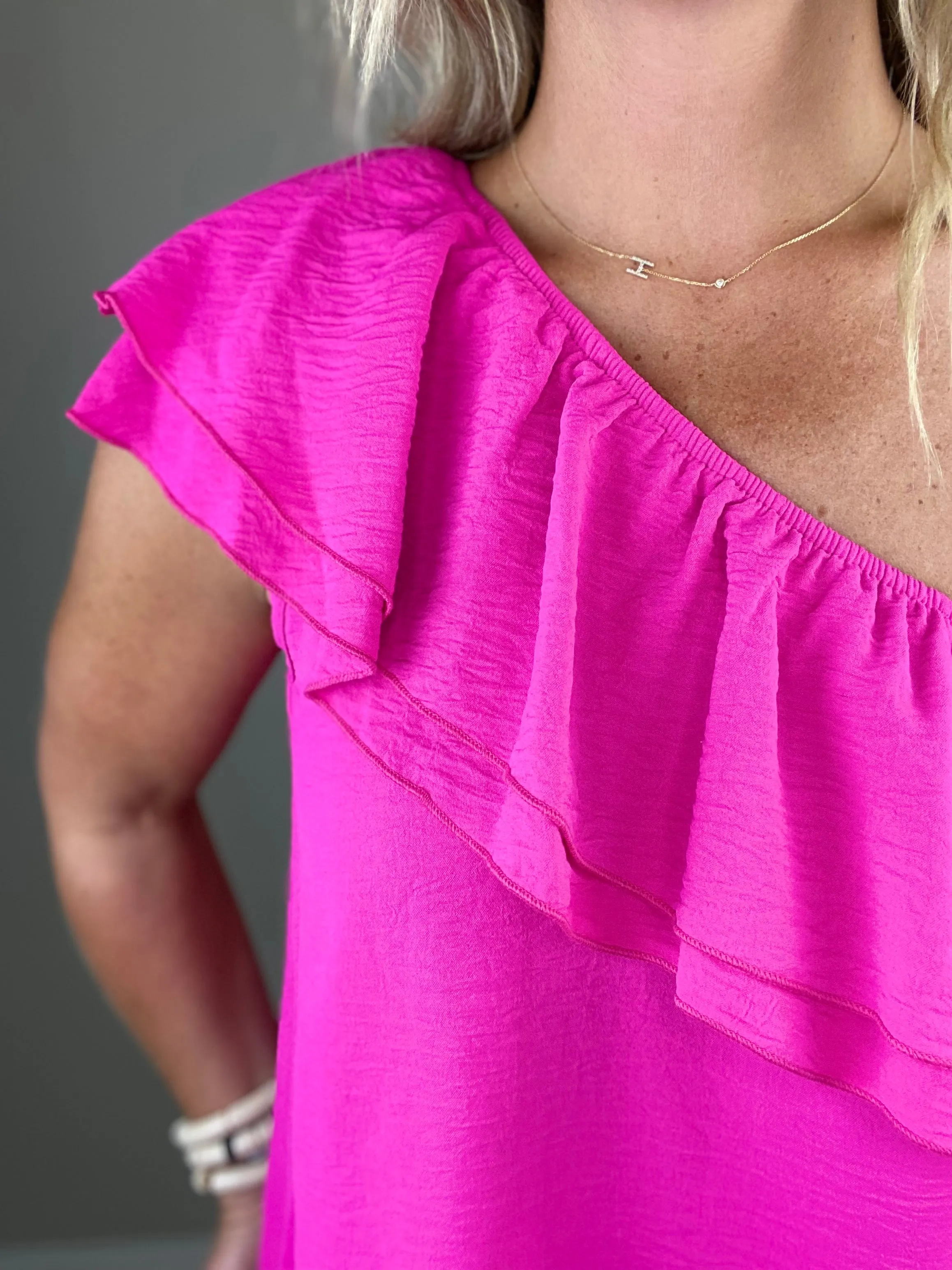 One Shoulder Ruffle Top- Hot Pink