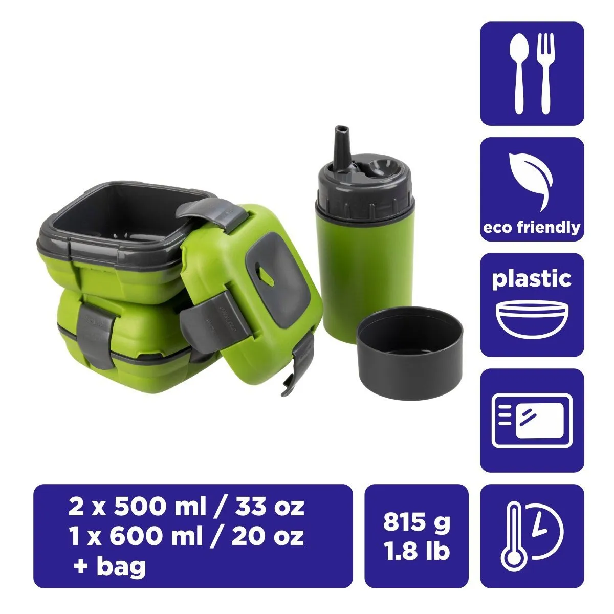 Paloma Set of Two Green Plastic Lunch Boxes | 20 oz Bottle | Insulated Bag