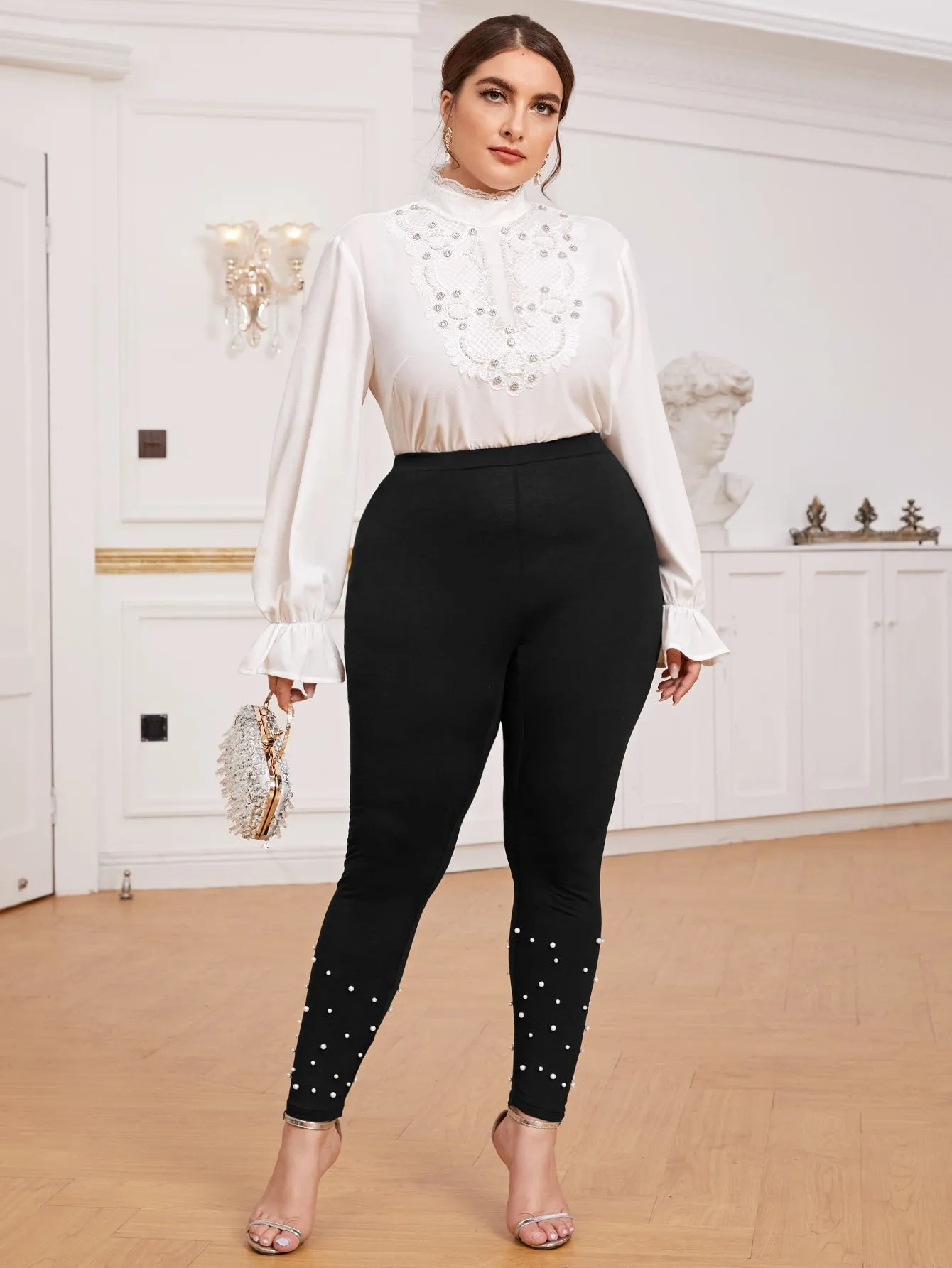 Plain Beaded Long Plus Size Leggings