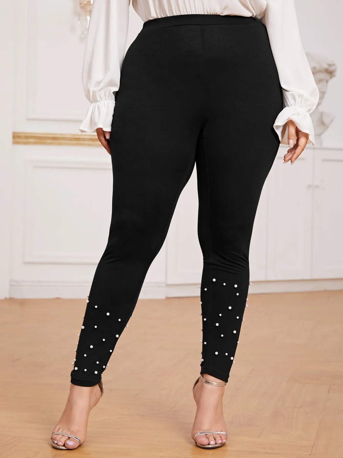 Plain Beaded Long Plus Size Leggings