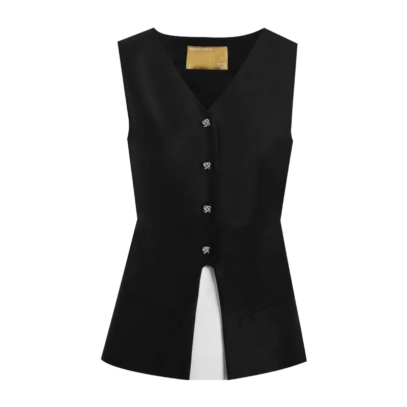PURITY Luxury British style classic black vest lacquered dark gold pressed pleated skirt set- Lizzy