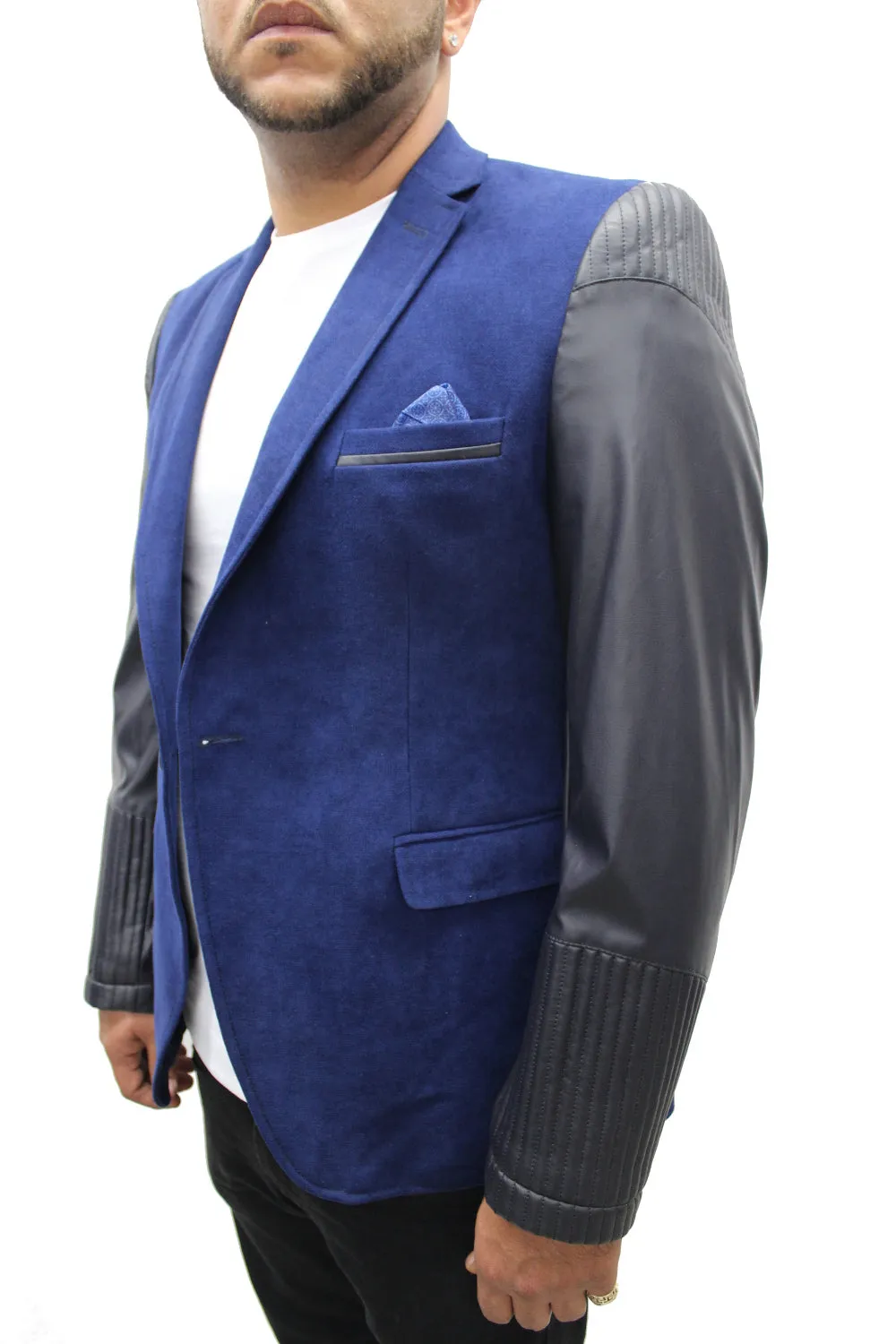 "Vegas" Sax Blue Blazer With Leather Details On Sleeve