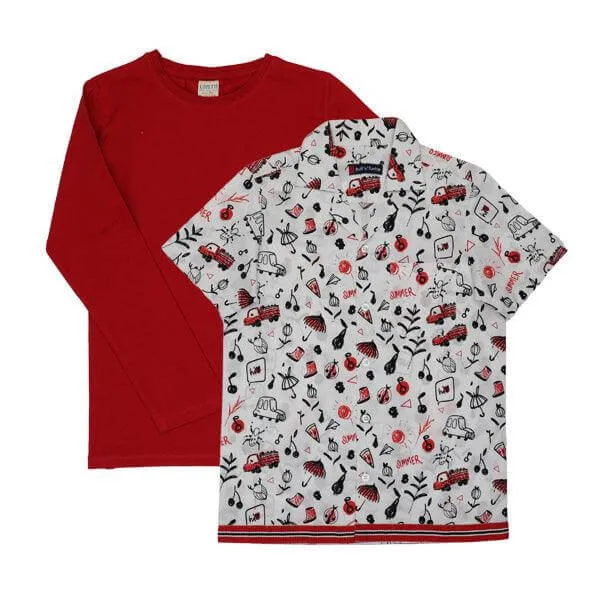 RED LONG SLEEVE AND WHITE DOODLE SHORT SLEEVE SHIRT SET