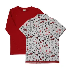 RED LONG SLEEVE AND WHITE DOODLE SHORT SLEEVE SHIRT SET