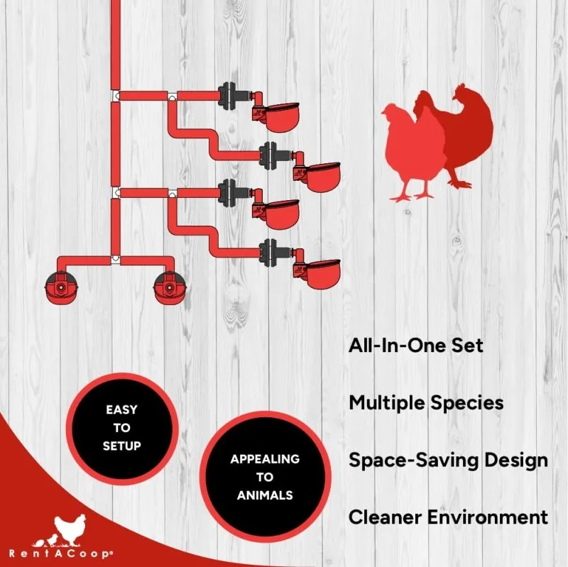 RentACoop DIY Sip Station Watering System –includes Tubing, Horizontal Nipples, Auto-Fill Cups, Tubing Adaptors, T-Connectors, and 11mm Drill Bit – Great for Poultry (DIY Starter Kit for Poultry)