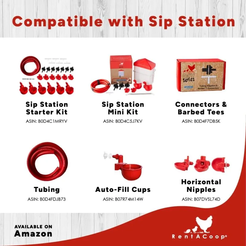 RentACoop DIY Sip Station Watering System –includes Tubing, Horizontal Nipples, Auto-Fill Cups, Tubing Adaptors, T-Connectors, and 11mm Drill Bit – Great for Poultry (DIY Starter Kit for Poultry)