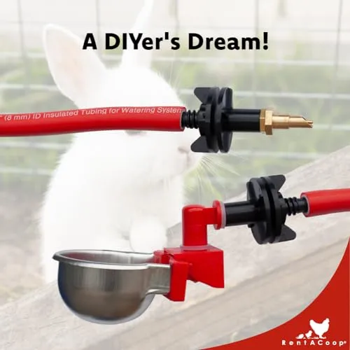 RentACoop DIY Sip Station Watering System Starter Kit; Includes Tubing, Brass Nozzles, Metal Auto-Fill Cups, Tubing Adaptors, T-Connectors, and 11mm Drill Bit; Great for Rabbits, and More