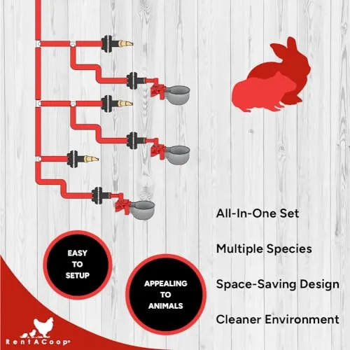 RentACoop DIY Sip Station Watering System Starter Kit; Includes Tubing, Brass Nozzles, Metal Auto-Fill Cups, Tubing Adaptors, T-Connectors, and 11mm Drill Bit; Great for Rabbits, and More