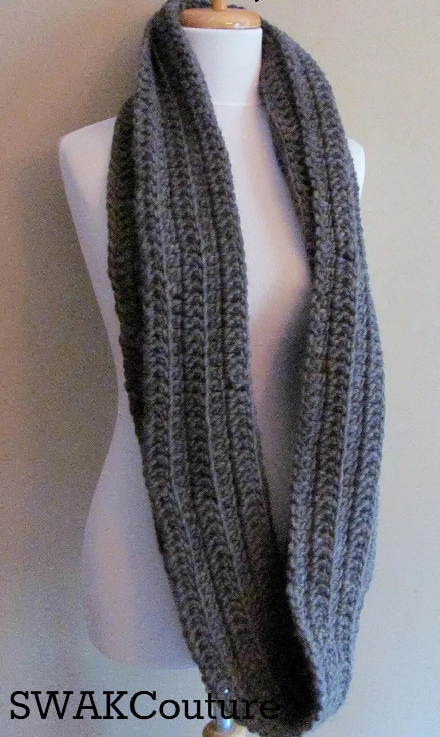 Ribbed Eternity Scarf 100% Wool Scarf - Charcoal Gray or Choose Your Color