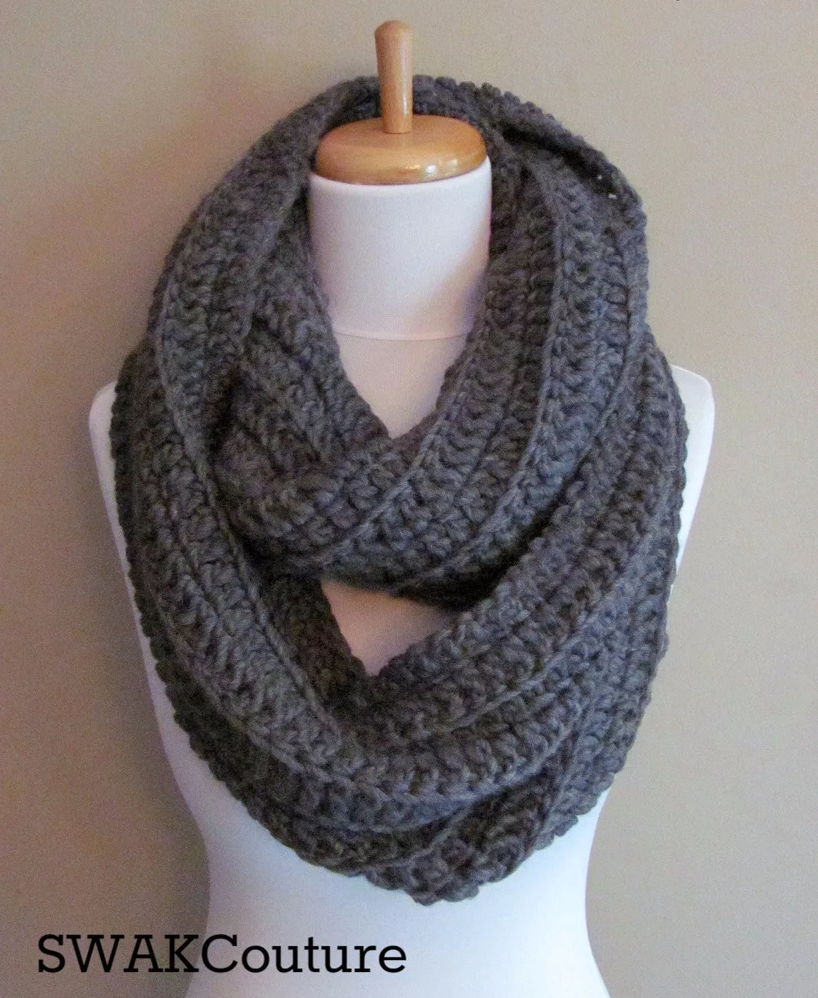Ribbed Eternity Scarf 100% Wool Scarf - Charcoal Gray or Choose Your Color
