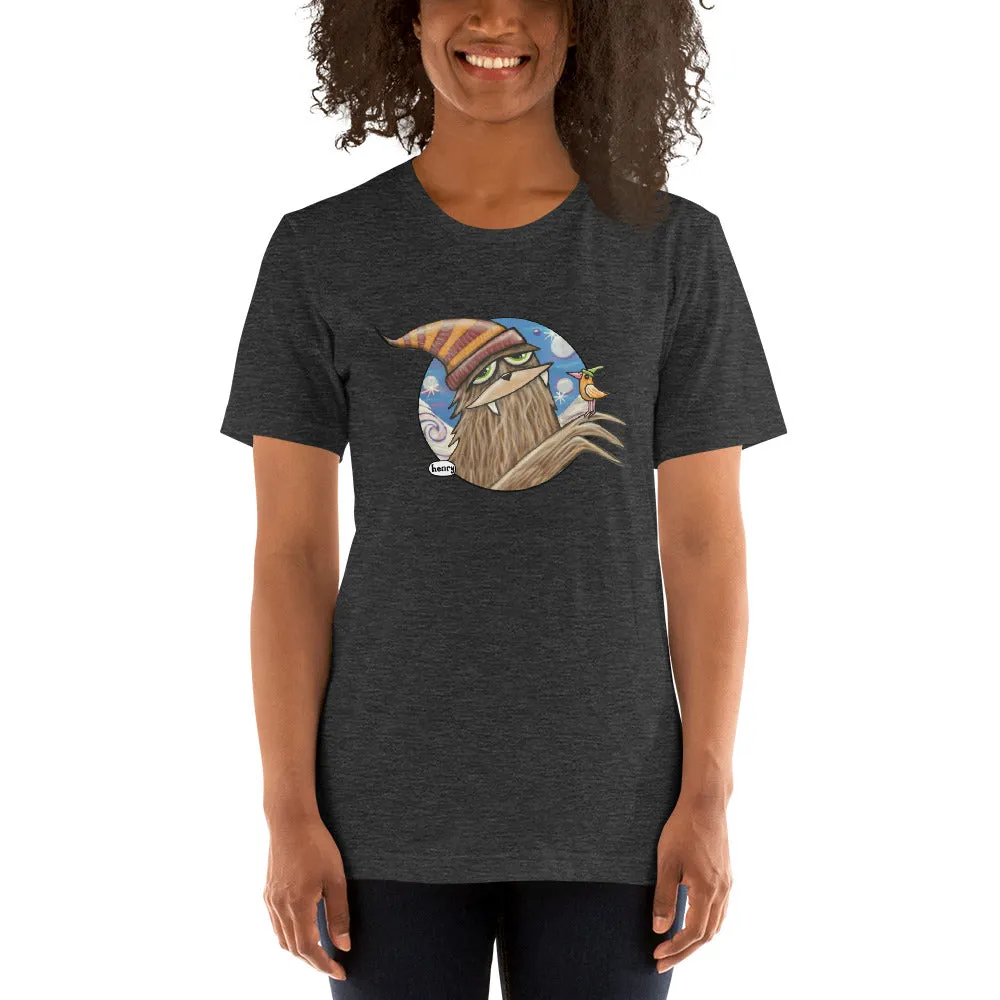 Sasquatch in Hat with Bird Dark Heathered Gray Unisex T-Shirt | Wearable Art by Seattle Mural Artist Ryan "Henry" Ward