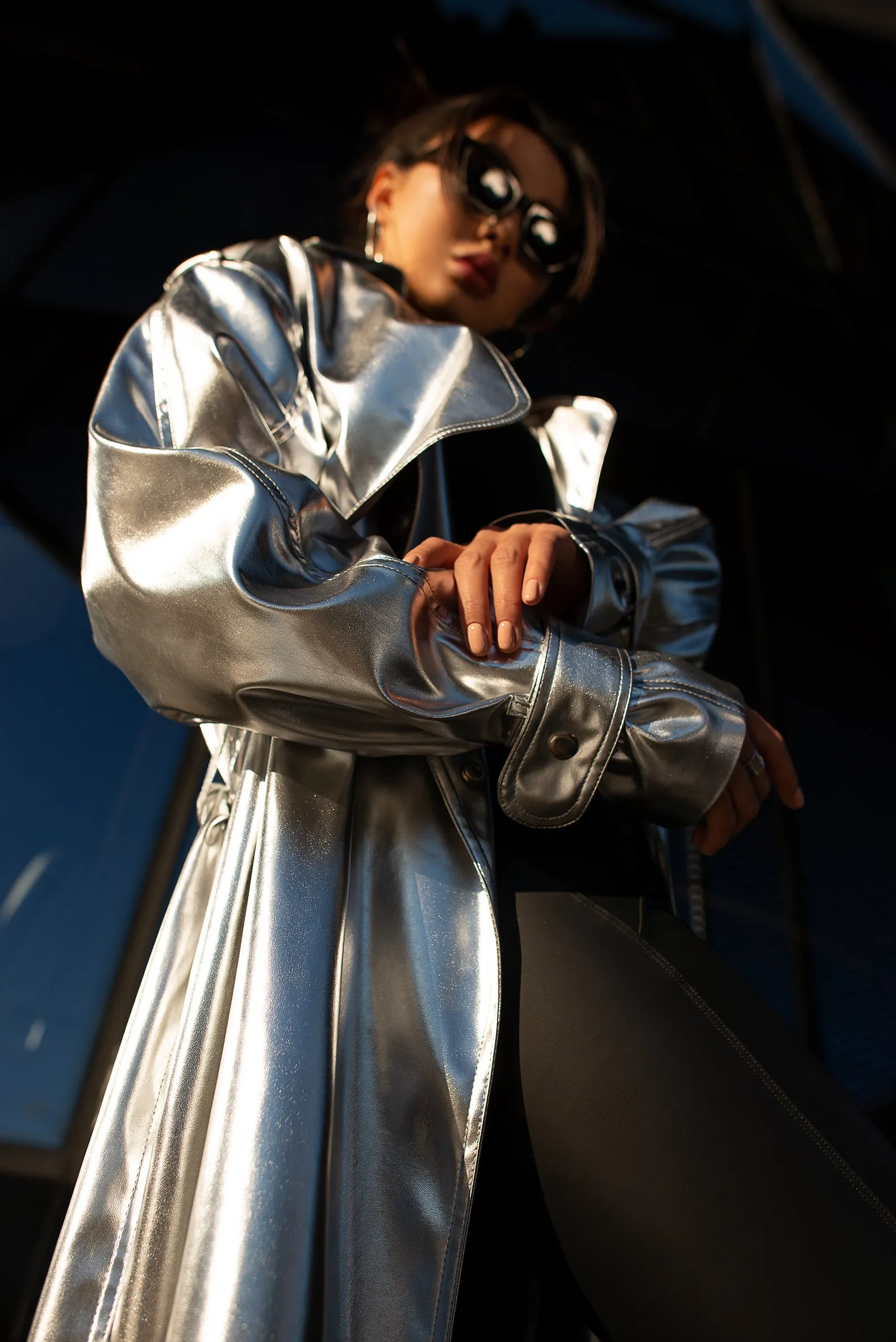 Silver Vegan Leather Trench Coat.